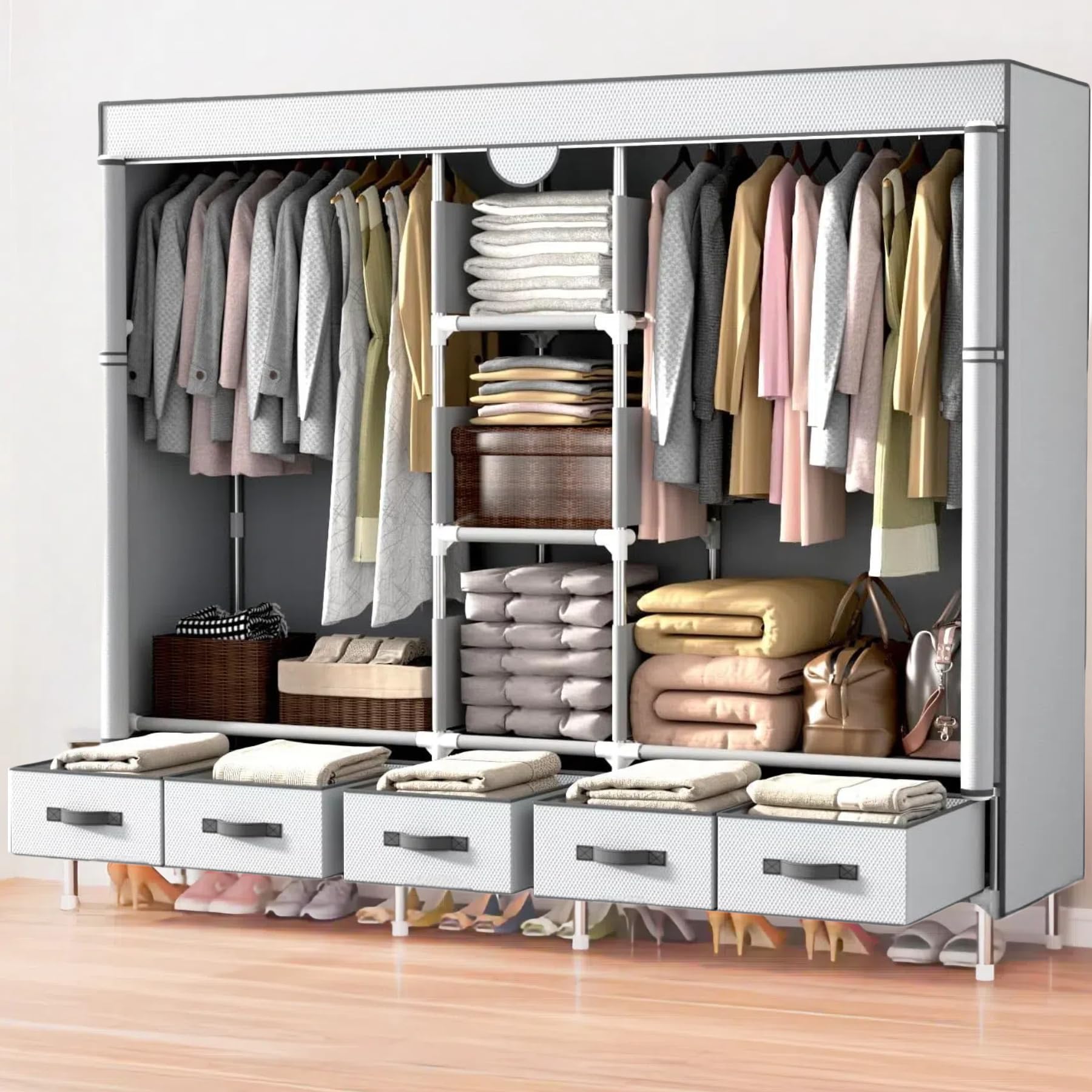 ワードローブ クローゼット 大容量 カバー付き 頑丈 防塵 衣装ラック 引き出し 5 つ付き 洋服収納 帽子/靴/衣類/小物収納