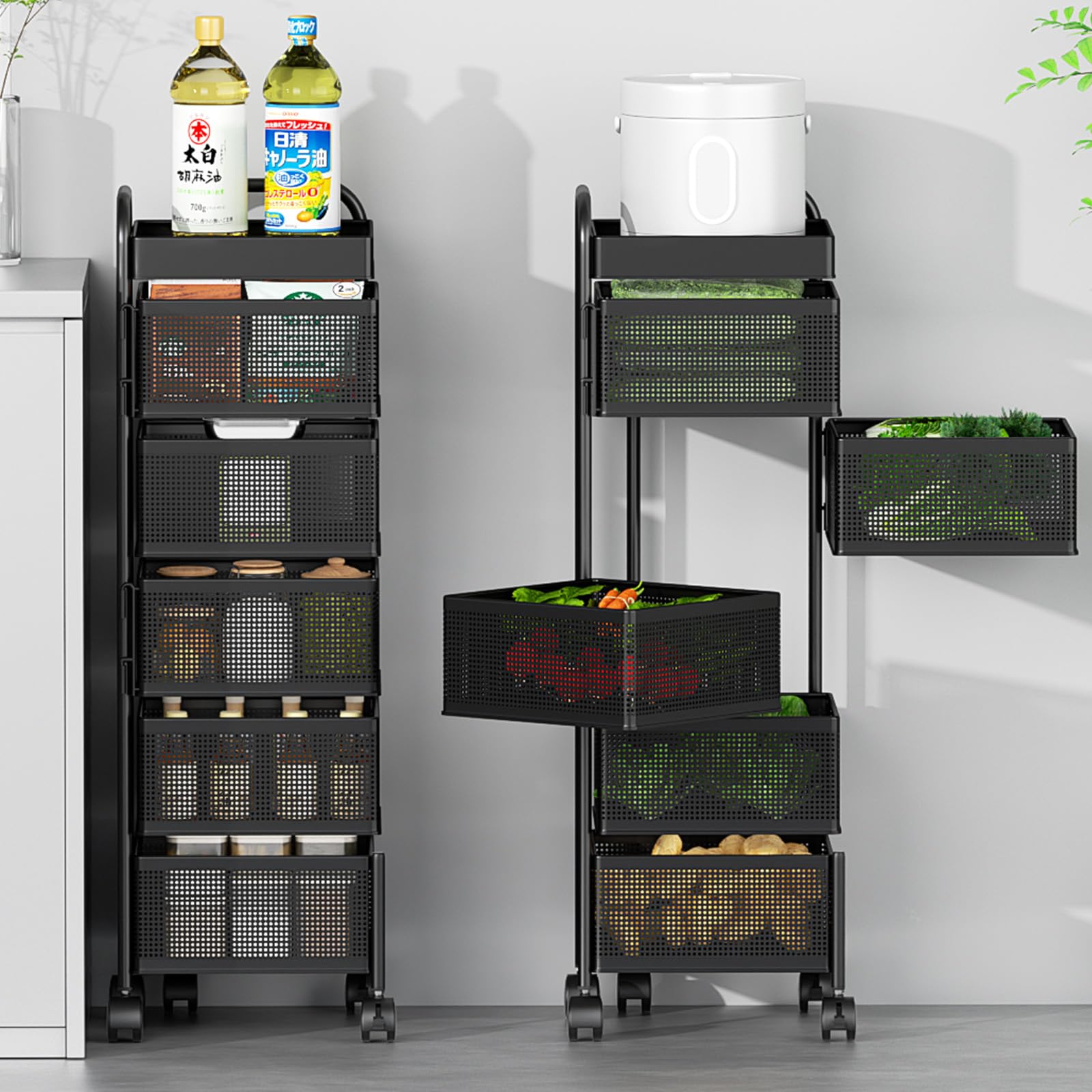 樂天商城 - キッチンワゴン キャスター付き 収納ワゴン 5段 360°回転 天板付き 果物 調味料 収納ラック 大容量 通気性 キッチン収納グッズ