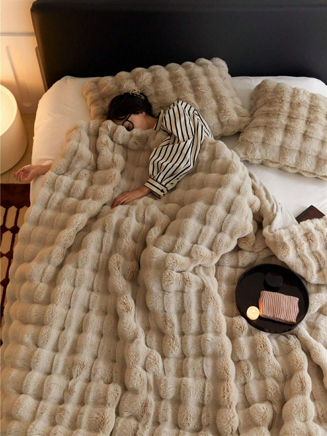 1枚 ふわふわぬいぐるみブランケット、無地ダブルレイヤーソフト暖かい毛布、ソファ、オフィスベッド、..