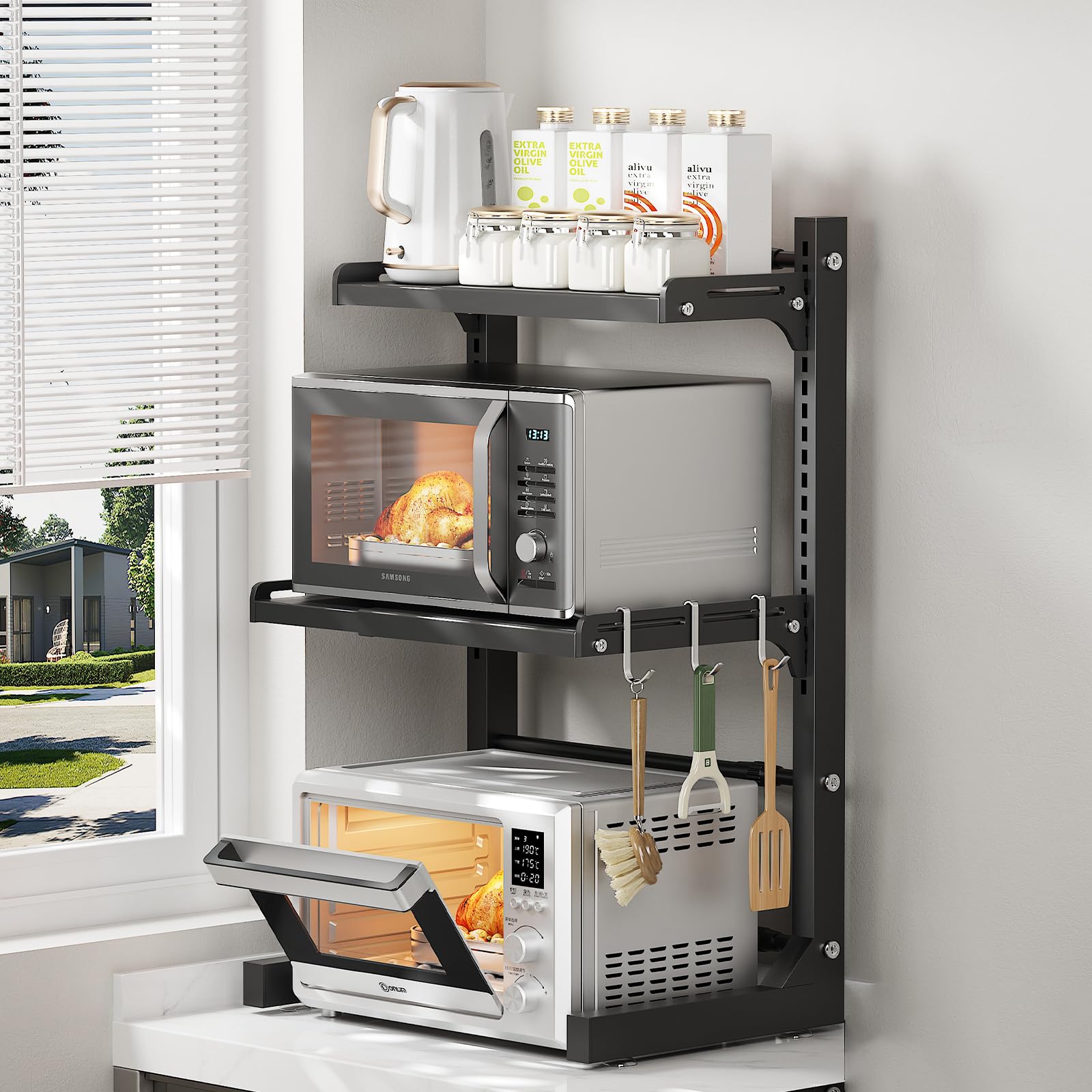 ABCOOL引き込み式調節可能2軸キッチンベーカーオーブンラック、2層拡張可能で高さ調節可能な炭素鋼シェ..