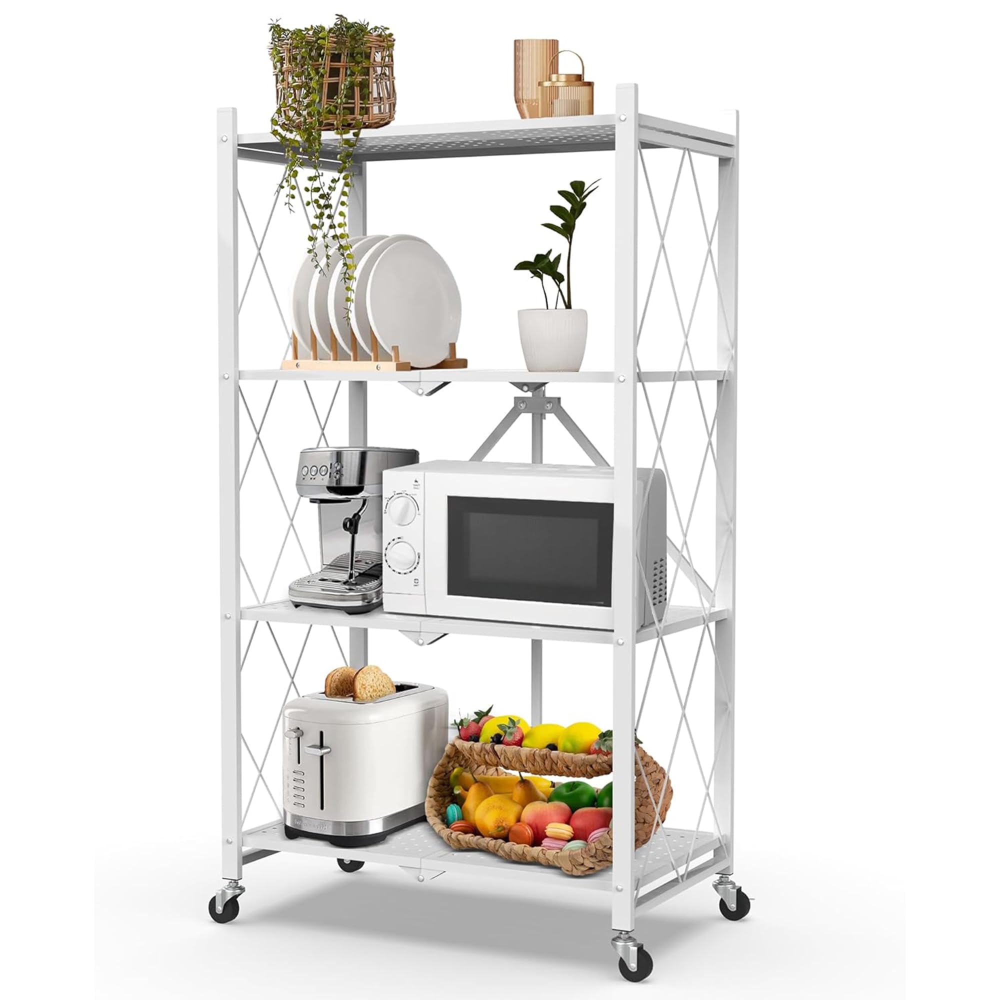 4段 折りたたみ棚 幅71×奥行34×高さ127cm 収納ラック スチールラック 折り畳みラック メタルラック キャスター付き レンジラック オー