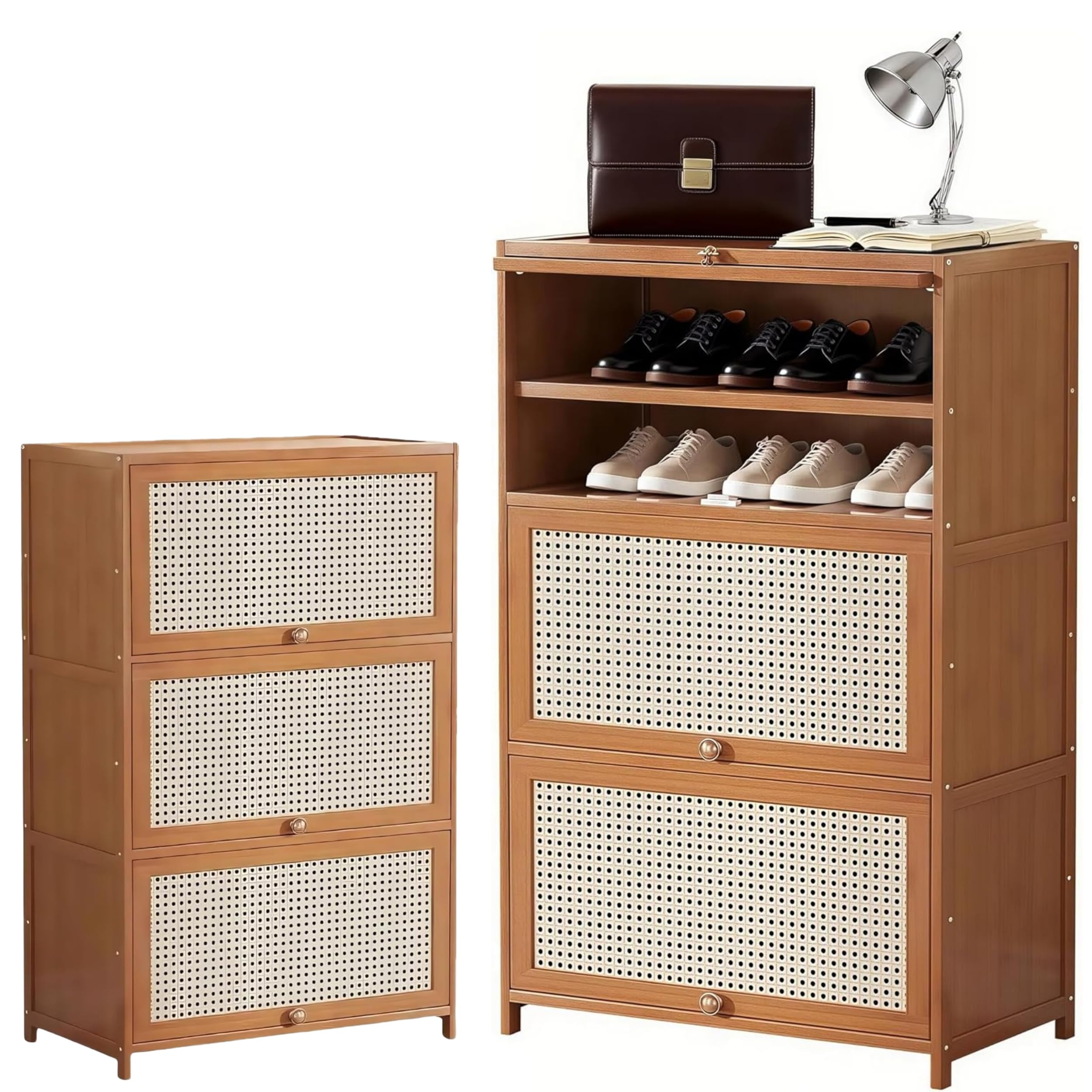 下駄箱 シューズキャビネット 天然竹製 シューズラック 扉付き 7段 大容量 60*32*106.3cm シューズボッ..