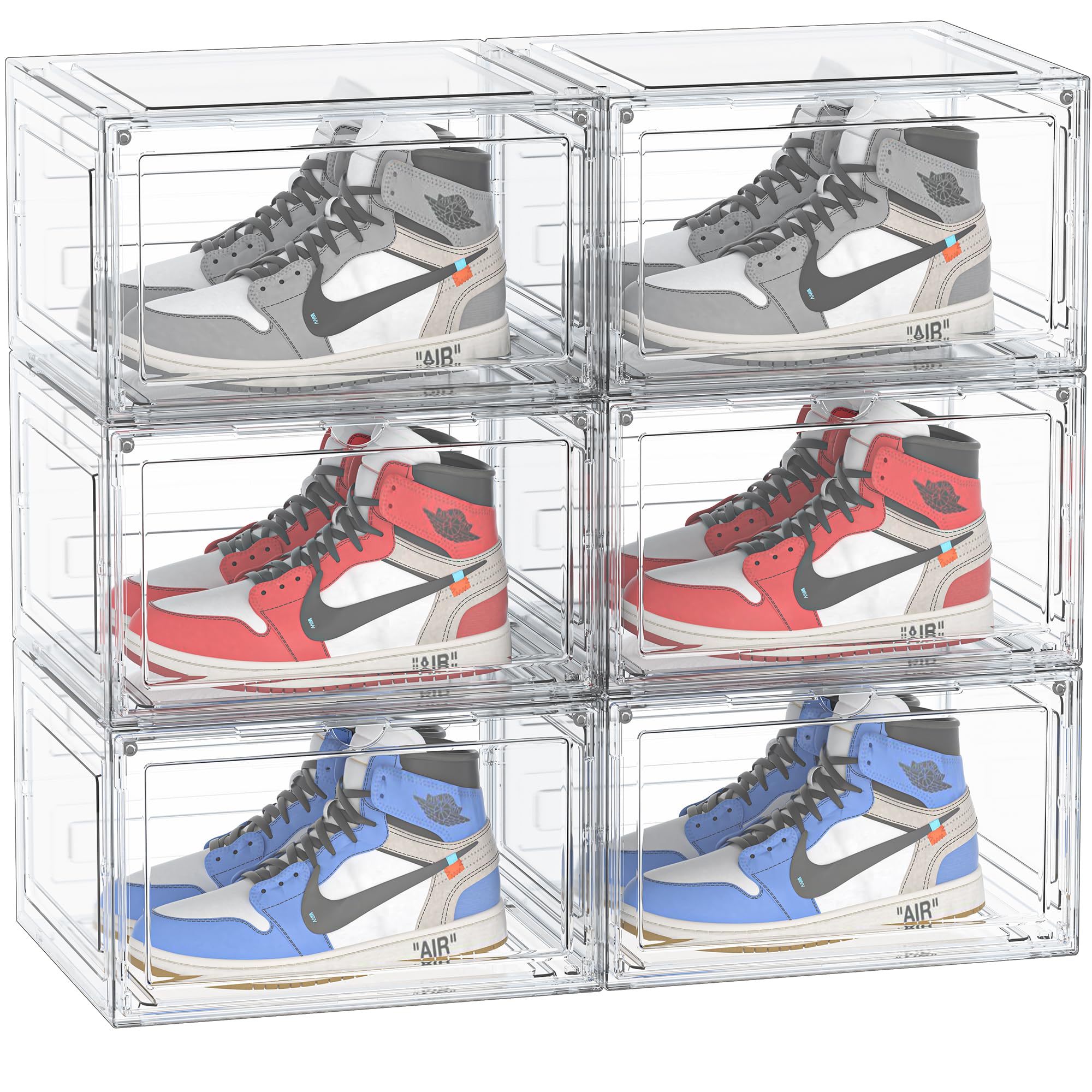 シューズボックス 6個大容量収納ボックス 透明なフロントパネル 磁石開閉扉スニーカーボックス 小物文..