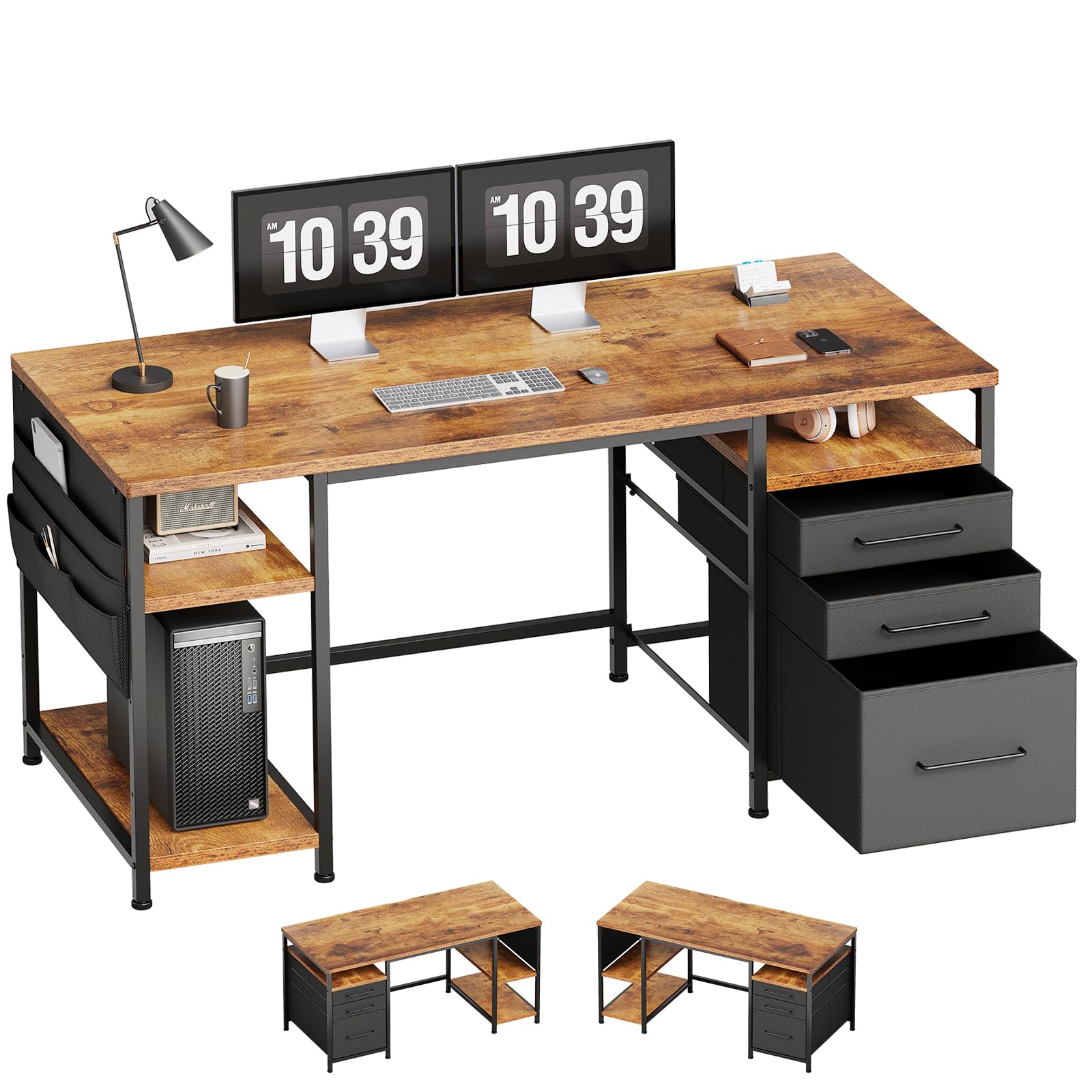 机 pcデスク パソコンデスク 幅148cm×奥行50cm 勉強机 学習机 布製引き出し付き ゲーミングデスク オフィスデスク ワークデスク 収納ラ