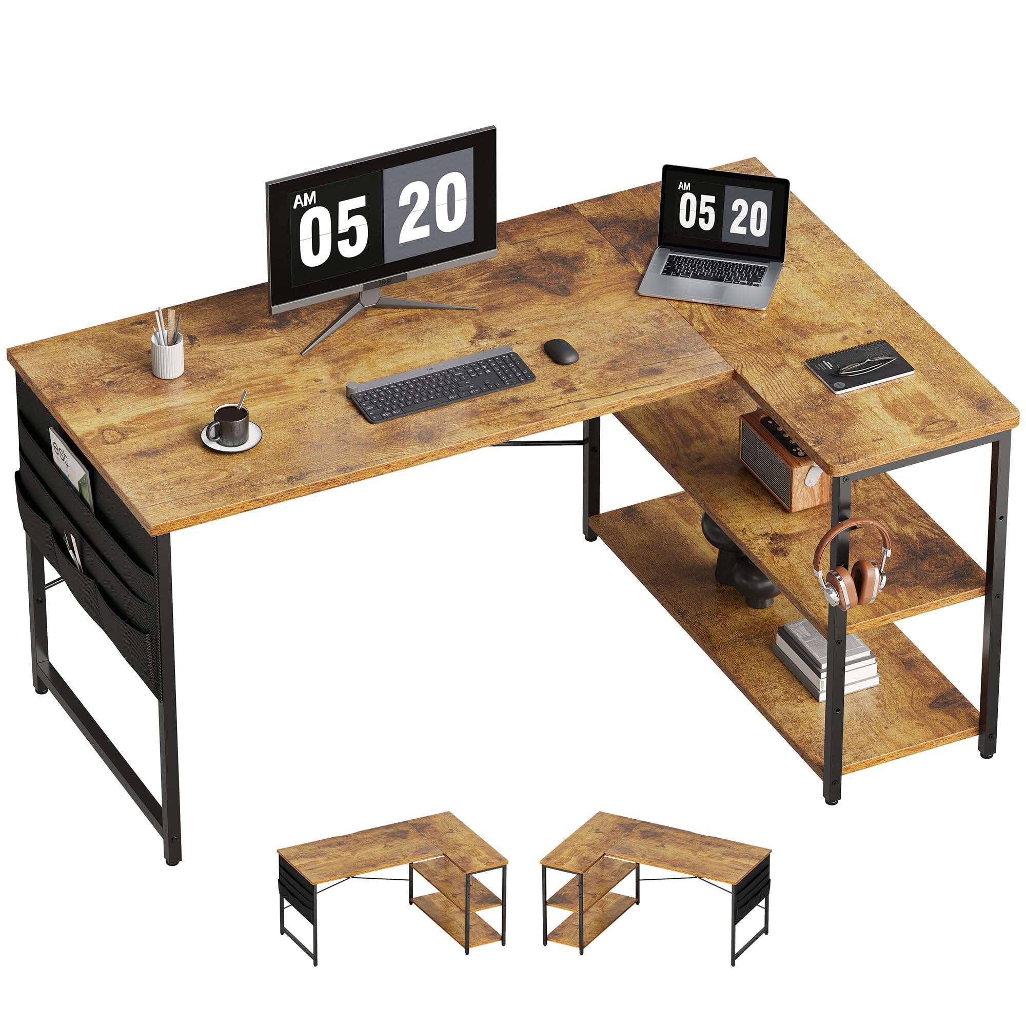 パソコンデスク 机 学習机 右棚左棚 幅107cm ゲーミングデスク l字デスク pcデスク 収納袋付き勉強机 ..