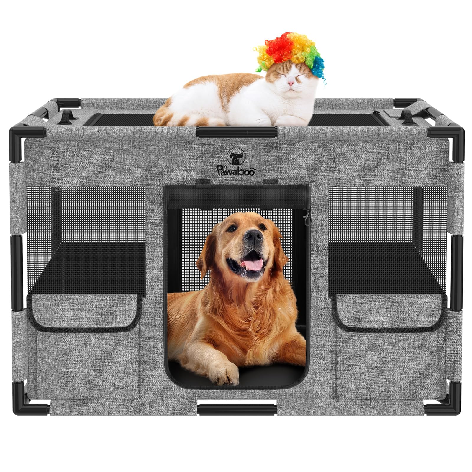 樂天商城 - Pawaboo ペットサークル 折りたたみ 犬 ケージ メッシュ 扉付き 小型犬さーくる 屋根付き 室内 組立簡単 長方形 キャットサークル ペッ