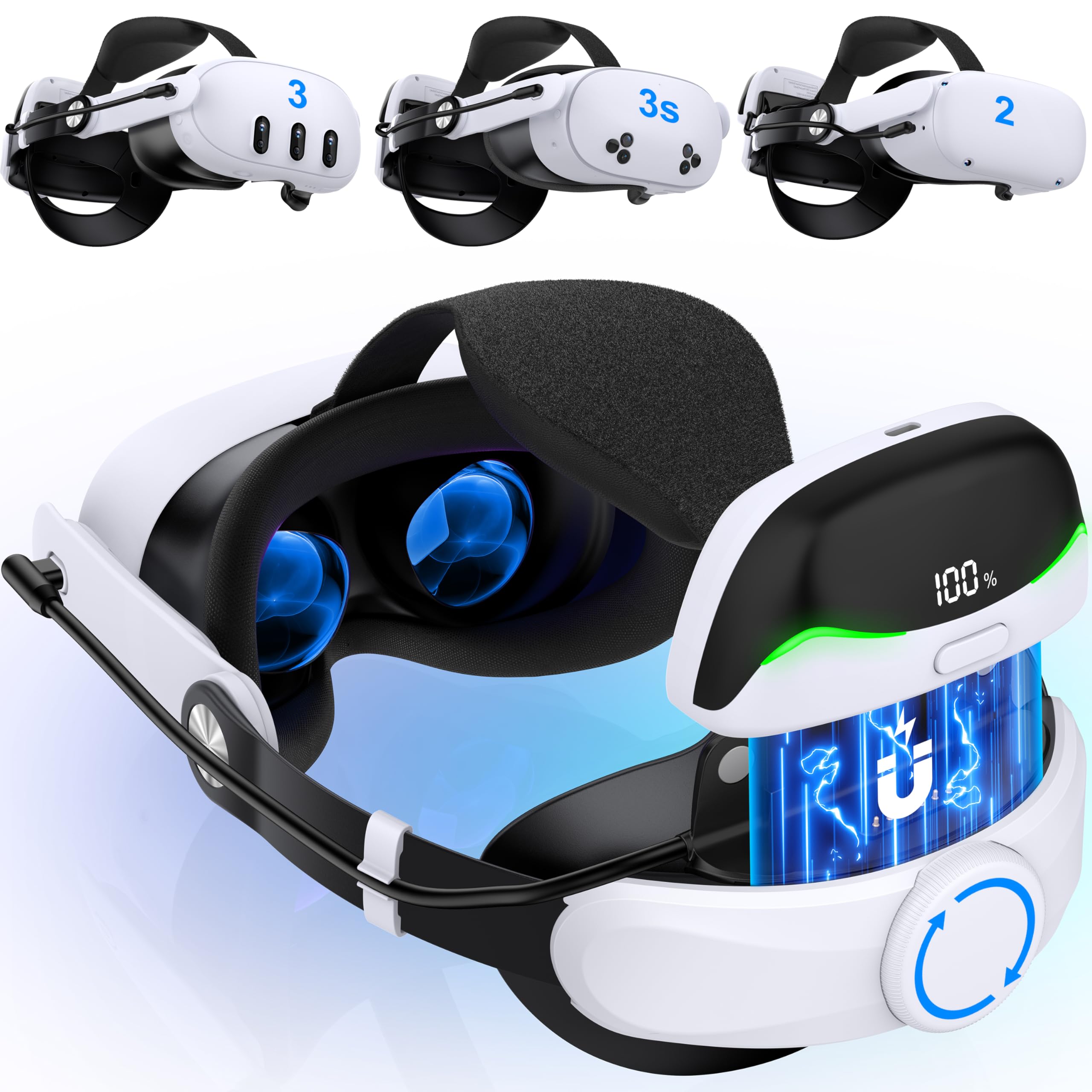 Elekasumi Meta Quest 3/Quest 3S/Quest 2用ヘッドストラップ VRヘッドセット用 7500mAh大容量磁気バッテリー内蔵 ダブルノ