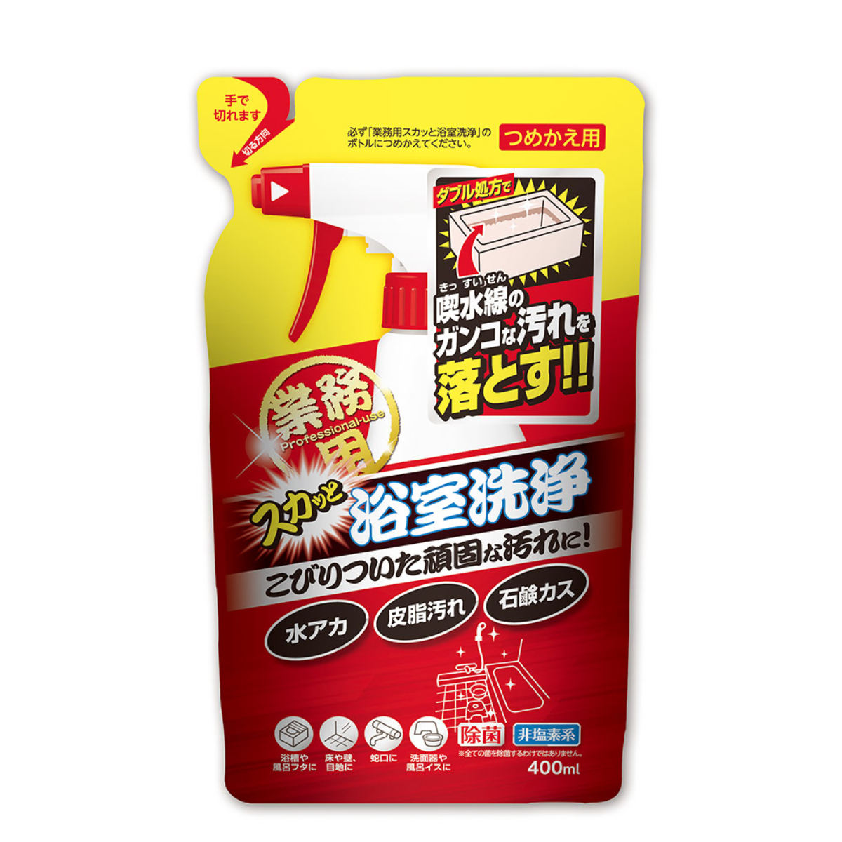 詰替え用 お風呂洗剤 400ml 業務用 スカッと浴室洗浄 （ 風呂 バス 浴室 浴槽 湯アカ 皮脂 掃除 清掃 湯垢 風呂洗剤 業務用洗剤 詰め替え 石鹸カス 洗剤 汚れ 床 壁 お風呂用洗剤 湯あか バスクリーナー ） 【39ショップ】