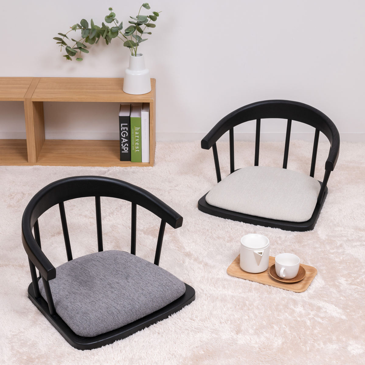 座椅子 背もたれ付 フロアチェア （ クッション付き モダン 洋風 天然木 木製 座いす 座イス チェア リビング アンティーク調 レトロ調 和室 ホワイト グレー ）【39ショップ】