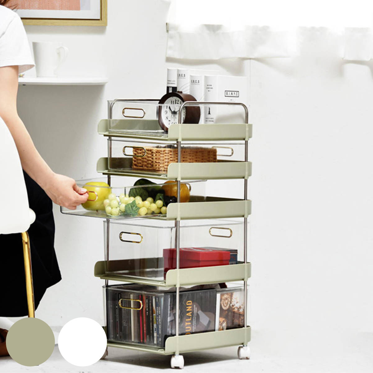 サイズ約 幅27×奥行36.5×高さ70（cm）重量約 3.8kg内容量1個材質本体：ポリプロピレンバスケット：PETフレーム：ステンレススチール種類グリーン、ホワイト生産国中国製組立状態お客様組立品注意事項※商品ページ内には別の商品を含む画像を使用しています備考組立時間：約30分／1人区分返品・キャンセル区分（不可）キッチンワゴン フェミニワゴン 5段おすすめポイント※商品ページ内には、サイズ違い商品による画像も含みます。小物がすっきり片付くキッチンの小物がすっきり片付けられる収納ワゴンです。狭い隙間でも使用できるスリムタイプ。ちょっとしたスペースを有効活用することができます。シンプルなデザインながらも、透明度の高い引き出しとゴールドパーツの取っ手がフェミニンでお洒落な雰囲気があります。お気に入りの小物を入れてインテリアとして楽しむのもおすすめです。引き出しタイプで無駄がないよくあるカゴタイプのワゴンは、奥に入れた物を取り出すために高さに余裕をもって入れる必要があります。ですが、引き出しタイプはその必要がなく、棚との間隔全てを収納スペースとして活用することができます。一目瞭然なクリアケース全段の引き出しは中身が見えるクリアケースとなっております。一目で中身が分かるので整理がしやすく、料理中も必要な調味料を探すことなくスムーズに使用できます。また、フレームの中央は空いているので下の棚の中まで見え、欲しい物が見つかりやすいです。家中どこでも使えるキッチンワゴンとしてだけでなく、散らかりがちな小物・日用品・雑貨・コスメ用品などの収納にもおすすめです。スリムでシンプルなスタイルなので、リビングやベッドルーム、トイレ、オフィスなど様々な場所で活躍します。商品詳細上段下段で分離可能ステンレスのジョイントを外せば、お好きなところで分けてお使いいただけます。高さの無い場所の収納、シンク下、デスク上収納としてもピッタリです。キャスター付きで移動しやすい360度回転キャスター付きなので、物を入れたままでも簡単に移動ができます。ストッパー付きキャスターが2個付属し、ロックも可能です。また、キャスターを取り外しても安定しておけるようにデザインされています。ハンドル付き最上段のみステンレス製のハンドルが付いています。移動のときも安定して動かすことができます。簡単組立フレームとパイプ、バスケットと取っ手、キャスターをそれぞれはめ込むだけの簡単組立です。ネジや工具も必要ありません。カラーサイズサイズ違い4段5段関連キーワード：グリーン ホワイト 緑 白 キャスター 付き プラスチック プラスチック製 サニタリー 子ども部屋 オフィス 美容室 会社 化粧品 オモチャ 書類 すき間 すきま 隙間 スキマ ネイル インテリア 食器収納 小物収納 マルチ収納 収納用品 洗面所収納 脱衣所収納 サニタリー収納 台所 脱衣所 無地 シンプル シック ナチュラル おすすめ オススメ 便利 役立つプラスチック 役立つ LH14476 関連商品はこちらキッチンワゴン フェミニワゴン 4段 7,880円キッチンワゴン ヴィータワイドラック 4段 1,780円キッチンワゴン ヴィータワイドラック 3段 1,980円キッチンワゴン スリムワゴン 4段 2,680円キッチンワゴン ロングラック 5段 アースベー1,680円キッチンワゴン ロングラック 4段 1,380円キッチンストッカー 隙間収納 スレン スリムカ5,280円キッチンワゴン ステージワゴン 3段 メッシュ1,980円キッチンストッカー ワゴンラック 3段 4段 1,980円～キッチンワゴン コネクトラック ミニ 4段 2,480円キッチンワゴン キッチンスタッキングバスケット7,150円キッチンワゴン MERCURY D.P TRO14,080円