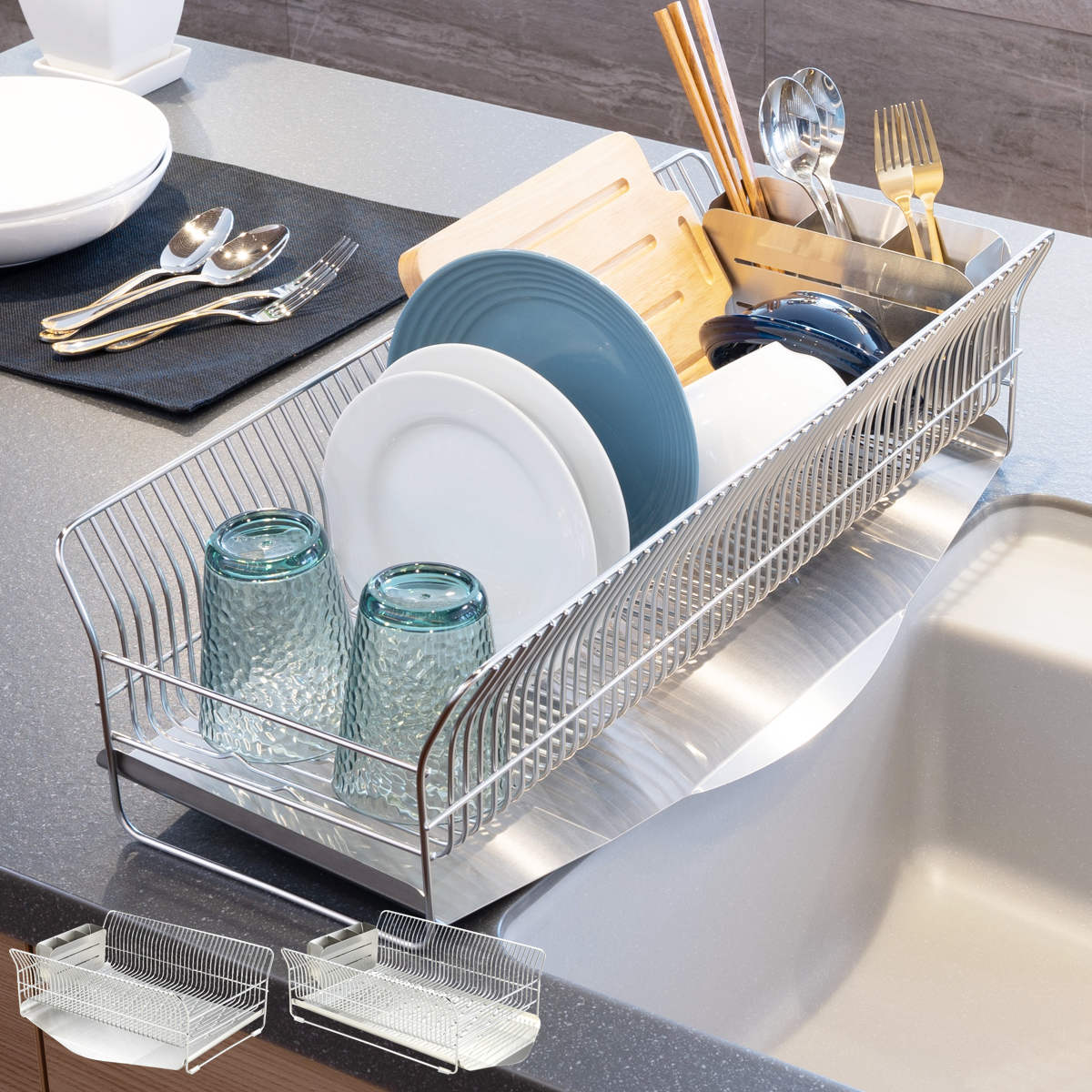 Kitchen Fancy Goods - 【レビュー特典付き】 水切りラック hanauta ハナウタ 横置き 縦置き ロング カトラリーポケット付 シルバー ローズゴールド （ 水切りかご ステンレス 日本製 食器乾燥ラック 水切り バスケット ラック 皿立て 受け皿 流れる ）【39ショップ】