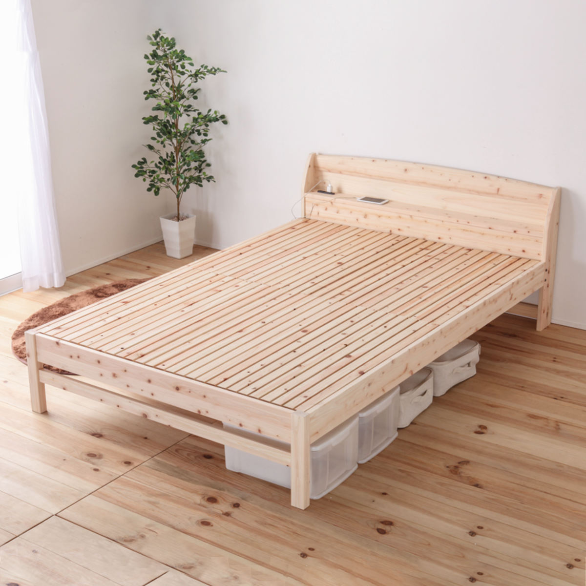 繊細すのこベッド セミダブル 国産ひのき 宮棚 2口コンセント付 高さ調整可 日本製 （ 繊細 ベッド ベット フレーム すのこ 四万十産 ひのき ヒノキ 耐久性 強度 通気性 調湿 天然木 木製 ）【39ショップ】
