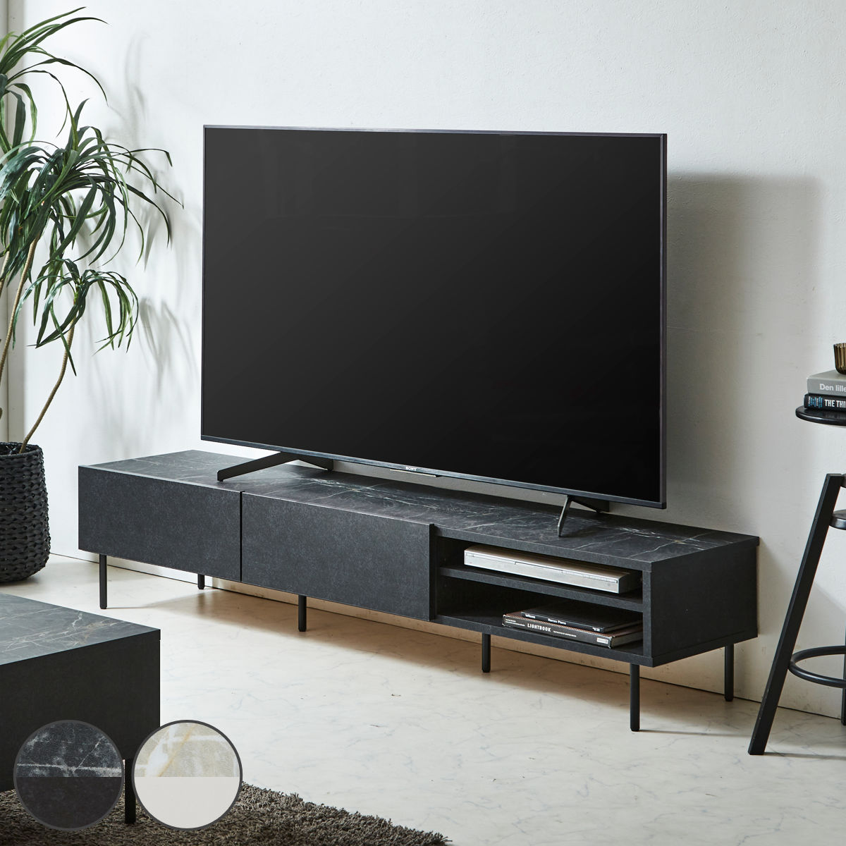 Rakuten - テレビ台 ローボード 幅180cm 大理石調 日本製 （ 開梱設置 TV台 脚付き 可動棚 お掃除ロボット対応 収納 AVボード フルオープン 石目調 ブラック ホワイト ）【39ショップ】