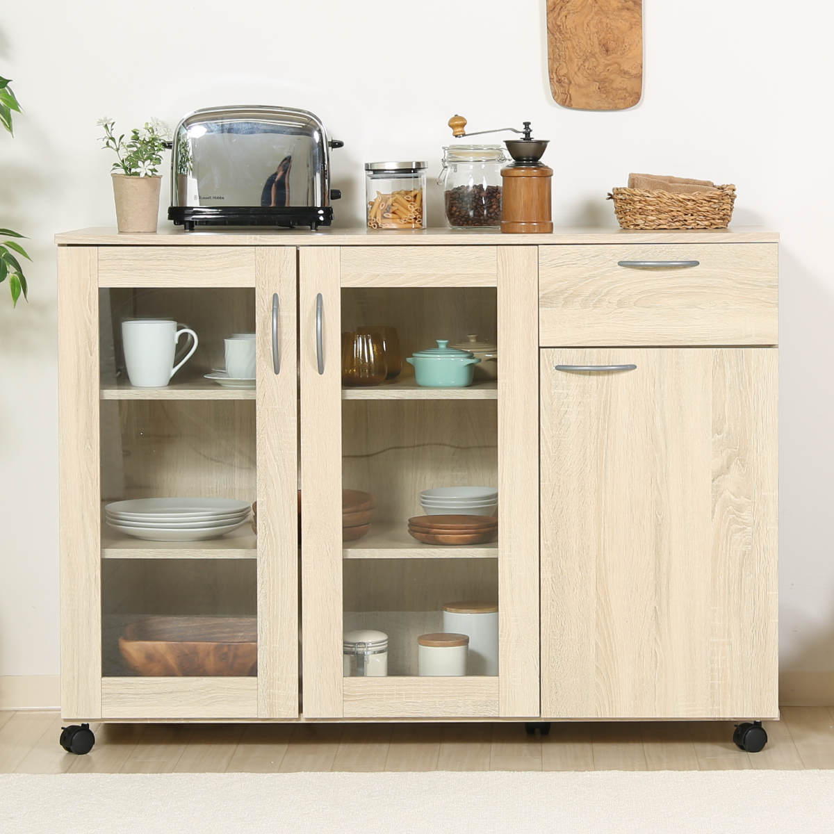 キャビネット 幅115.2cm キャスター付 北欧風 （ カップボード キッチン レンジ台 キッチンワゴン 収納..