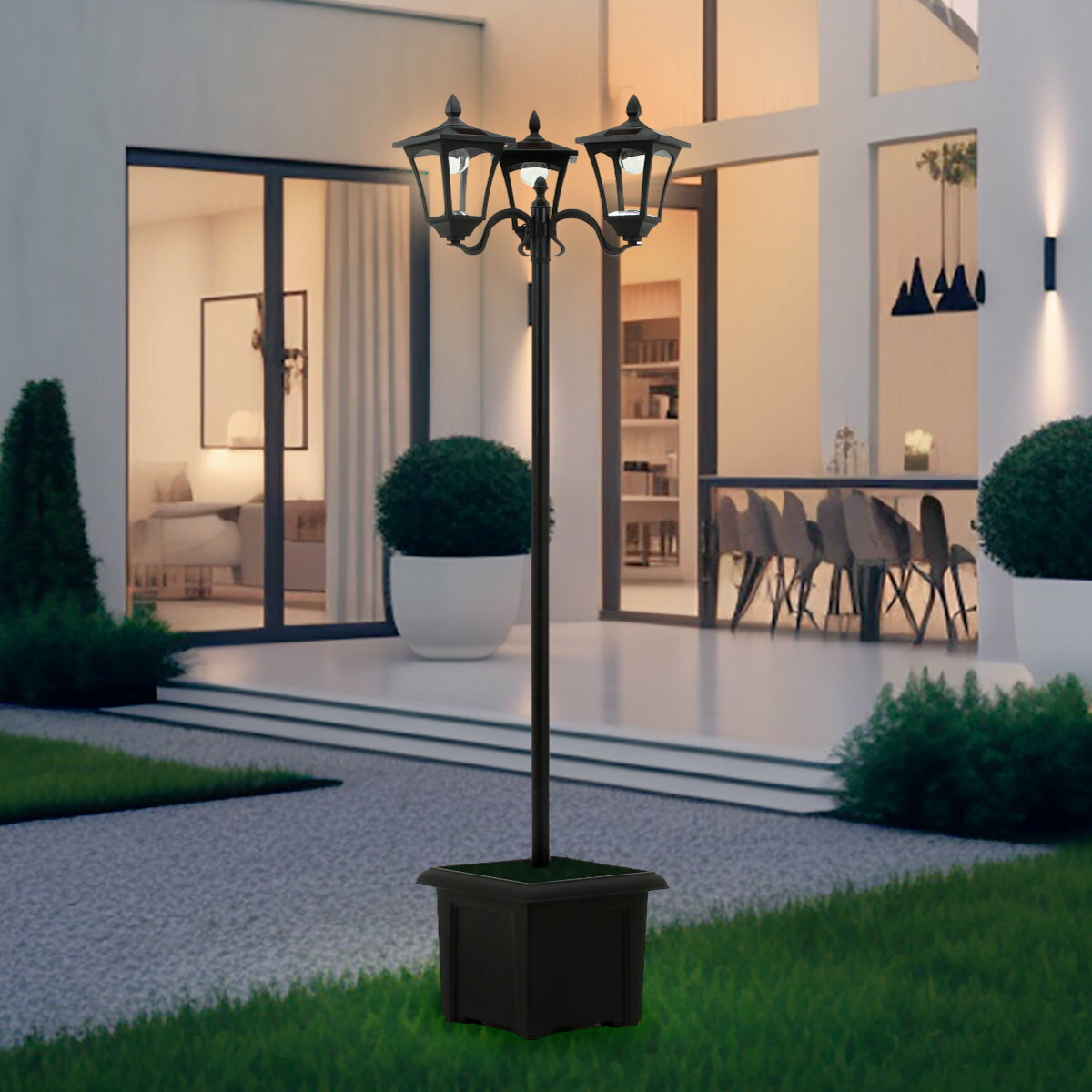 ガーデンライト LEDソーラースタンドライト 3灯 プランター付き （ 屋外 置き型 ソーラー ライト 太陽光充電 プランター スタンド式ライト スタンド式 街路灯風 LEDライト 配線不要 防犯 光センサー 自動 太陽光 充電式 明るさ調節 ）【39ショップ】