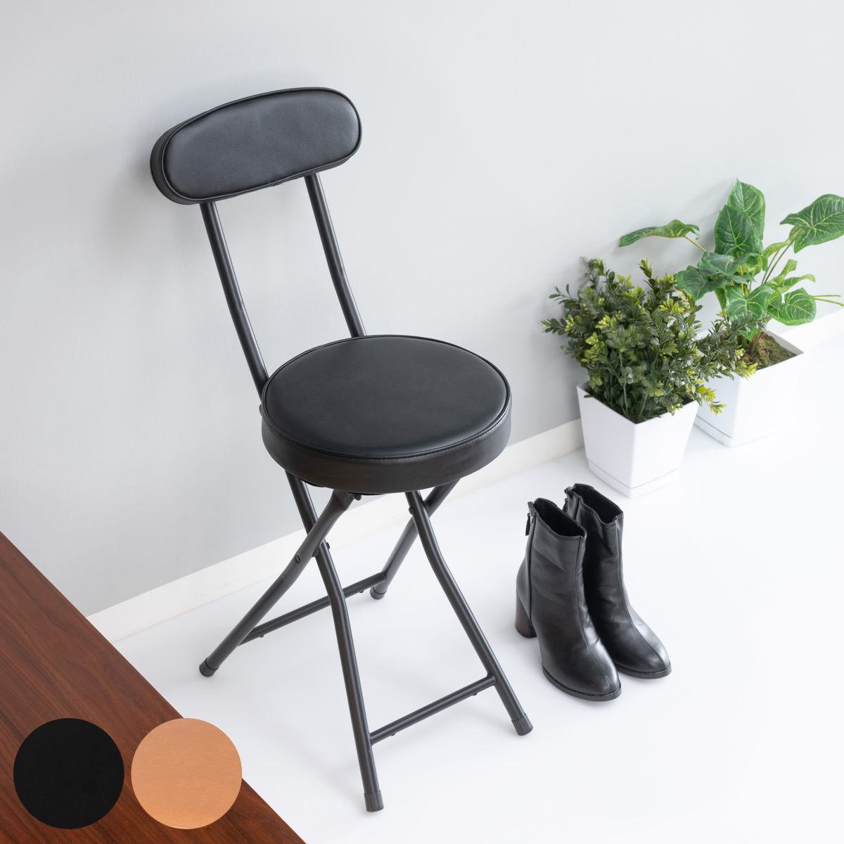 折りたたみ椅子 座面高50cm 背もたれ付 合皮クッション座面 ブラックフレーム （ キッチンチェア カウンターチェア 背もたれ 円形 丸 パイプ椅子 簡易椅子 サブチェア 座面 クッション ファブリック 軽い ）【39ショップ】