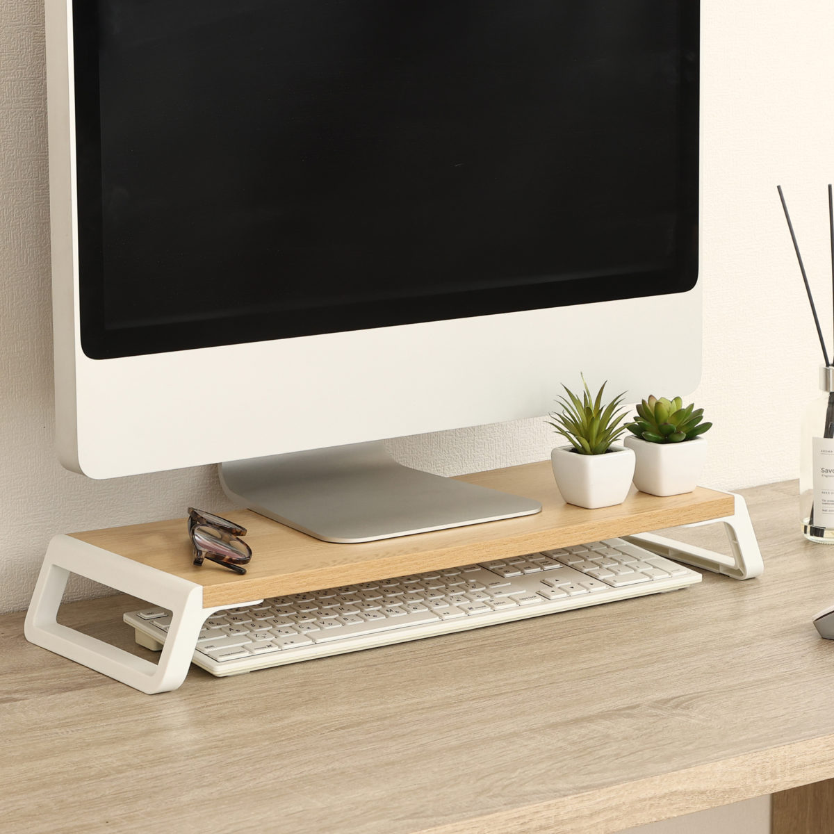 Rakuten - モニター台 モニタースタンド シンプル （ パソコンラック 卓上 pc台 机上 幅55cm 耐荷重10kg モニターラック パソコン プリンター 電話 台 PC スタンド モニター 木目調 おしゃれ デスクトップ ラック キーボード 収納 ）【39ショップ】