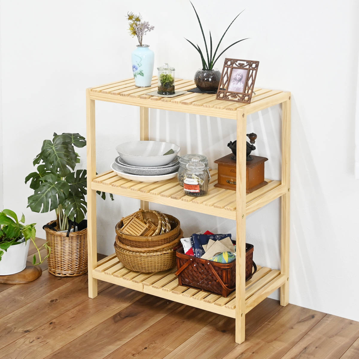 ウッドラック 3段 天然木 すのこラック 幅60cm （ ラック 収納 家具 木製 すのこ 棚 三段 オープンラック 飾り棚 リビング ナチュラル スノコ サイドラック ）【39ショップ】