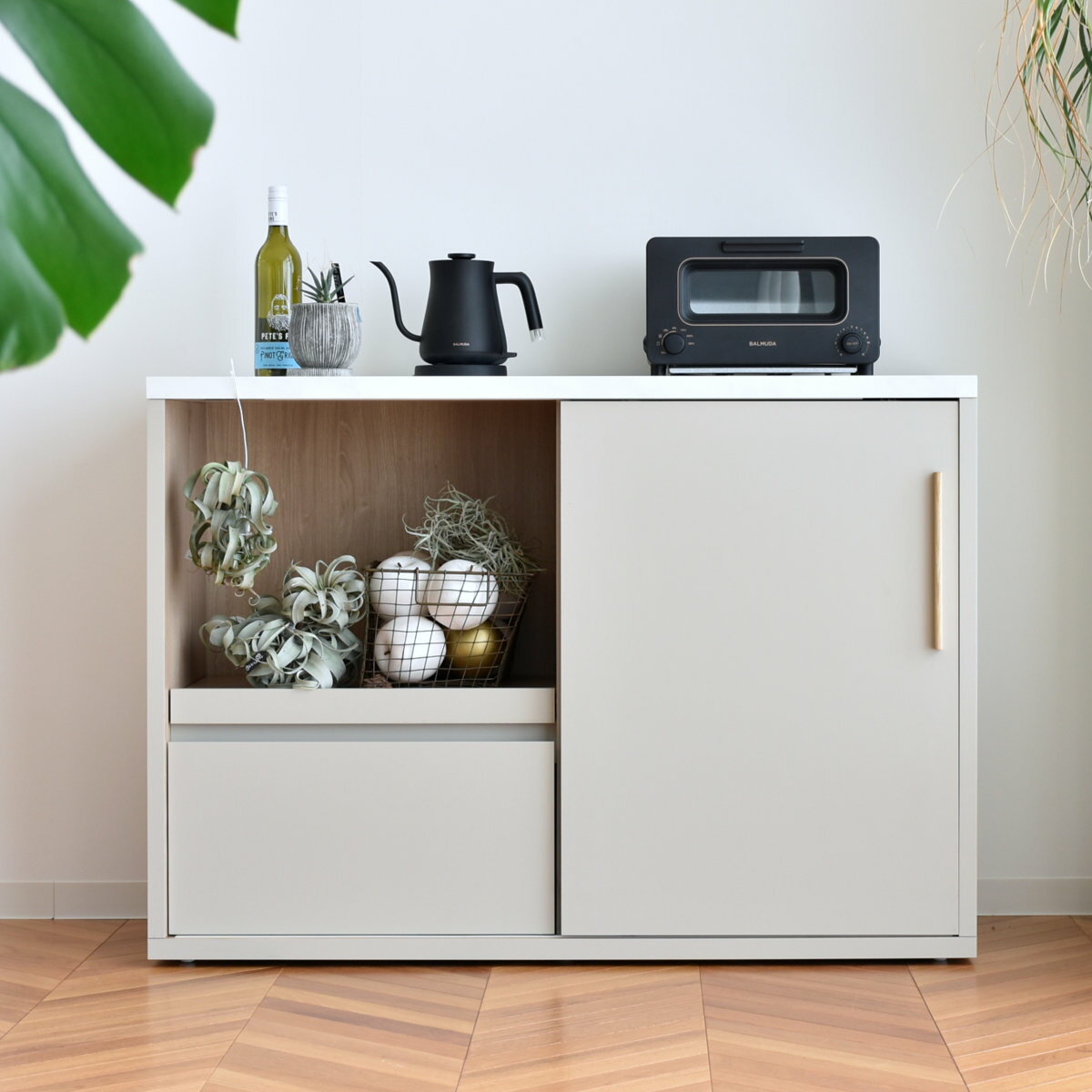 キッチンカウンター 幅120cm スライド棚 メラミン天板 日本製 完成品 （ 開梱設置 カウンター キッチン 食器棚 棚 ラック 収納 食器収納 作業台 引出し スライドレール ディスプレイ ）【39ショップ】