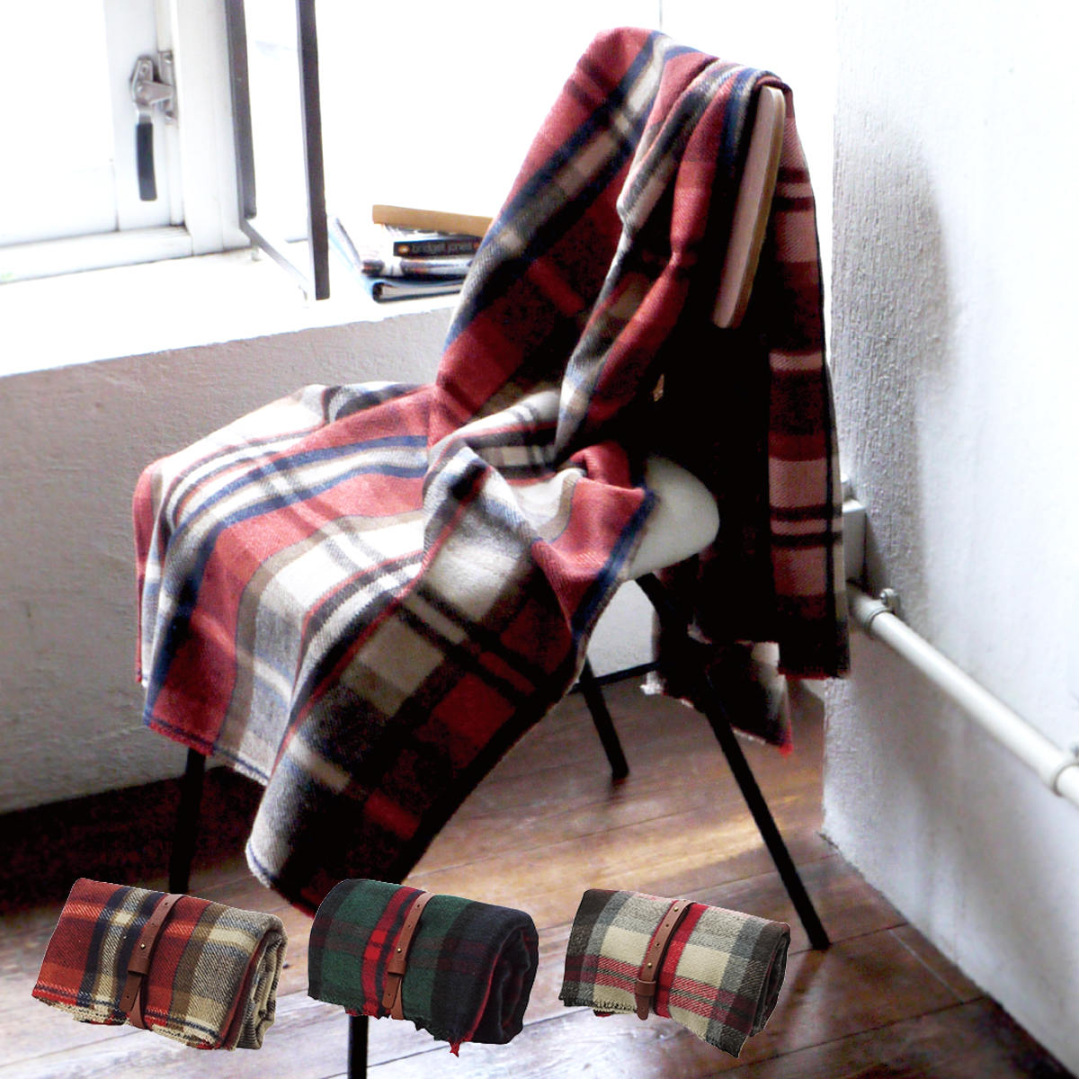 ブランケット 70×150cm チェック柄 ウール調 ブランケットピン付き （ ひざかけ 膝掛け 肩掛け 防寒 寒さ対策 ピン付 チェック ベルト付 持ち運び 冷房対策 トラッド ブラウン グリーン レッド ）【39ショップ】