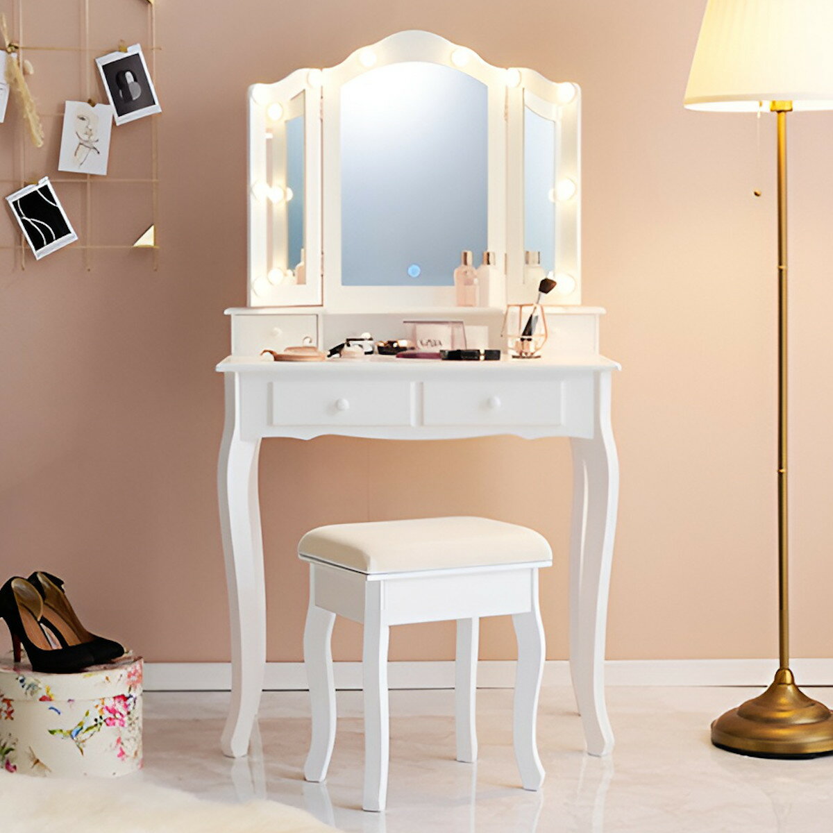 ドレッサー スツール付き 幅75cm ライト ( 調光 LEDライト 三面鏡 鏡付き 化粧台 メイク台 椅子 セット コンパクト デスク おしゃれ ホワイト 白...