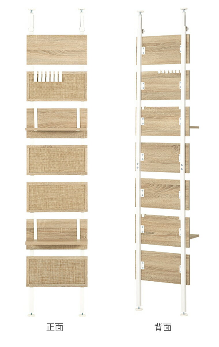突っ張り ウォールラック 幅40cm ラタン調 木目調 ラダーラック 棚板2枚 フック付 （ つっぱり棚 ラック スリム 棚 ディスプレイラック 壁面収納 収納ラック ウォールシェルフ パーテーション 薄型 目隠し 間仕切り フック 棚付 40 ）【39ショップ】 3