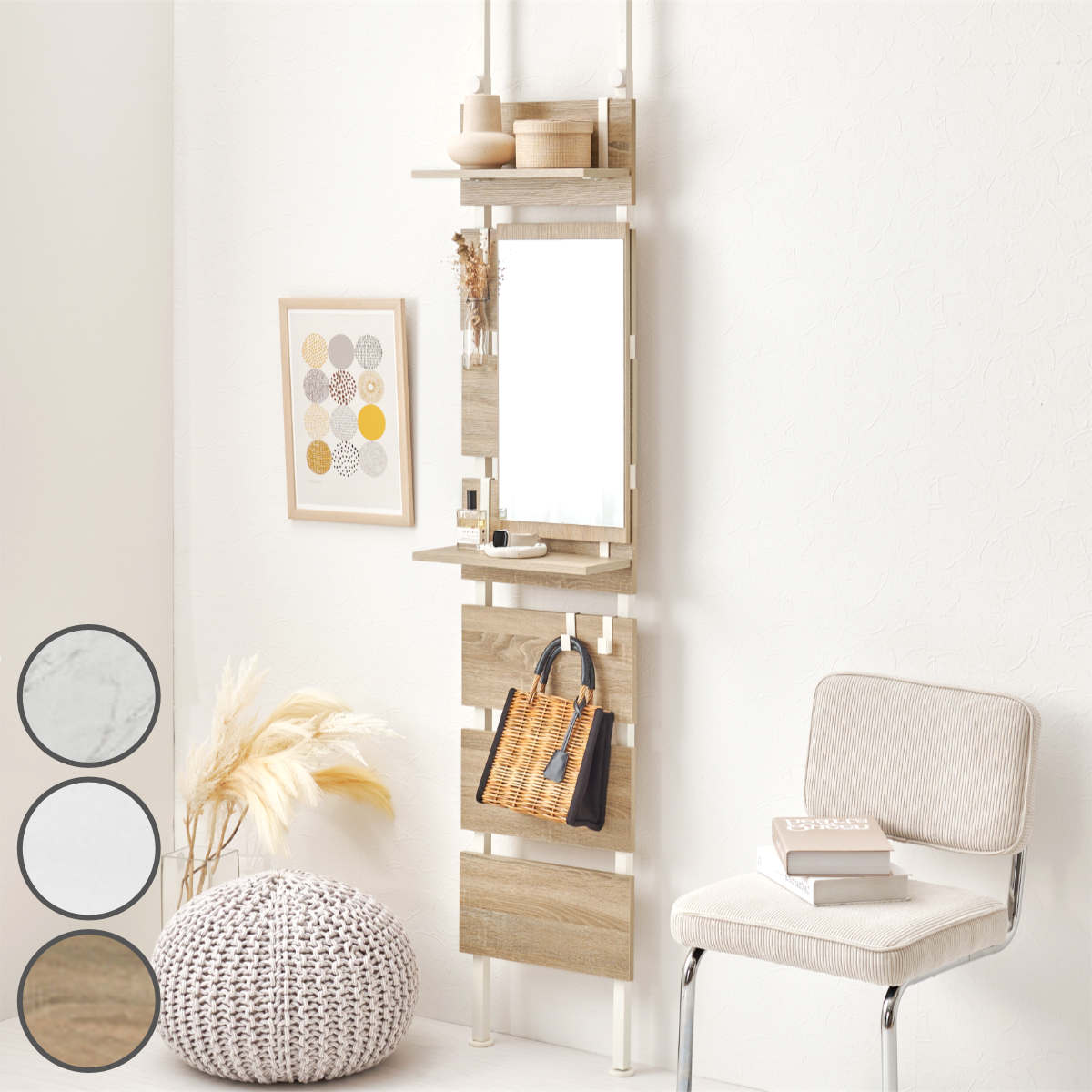 突っ張り ウォールラック 幅40cm ミラー付き 棚板2枚 フック3個 （ ラダーラック 壁面収納 棚 つっぱり..