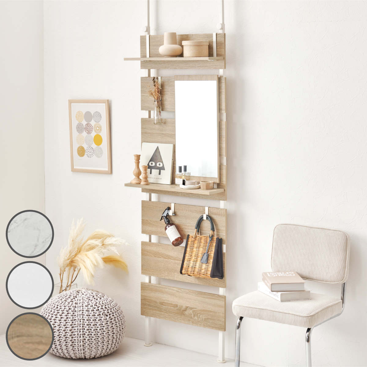 突っ張り ウォールラック 幅60cm ミラー付き 棚板2枚 フック3個 （ ラダーラック 壁面収納 棚 つっぱり..