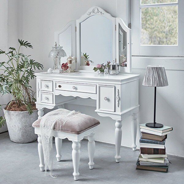 ドレッサーセット 三面鏡 スツール付 姫系 ロマンチック HAMPTON 幅93cm ( 白家具 ろくろ脚 クラシック アンティーク 化粧台 メイク ミラー 引...
