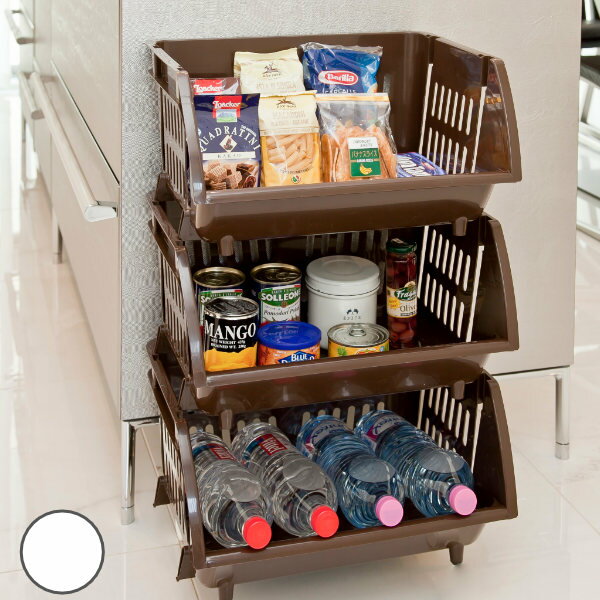 キッチン収納 積み重ねバスケット 3個セット ストッカー ( キッチンストッカー ケース ボックス 積み重ね スタッキング 連結 パントリー収納 収納バスケット...