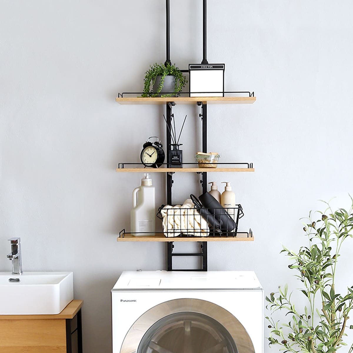 突っ張り ランドリーラック 工具不要 棚板3枚 幅60cm 高さ200〜260cm ( ラック 収納 壁面収納 つっぱり すき間収納 3段 洗濯機 上 横 棚 ...