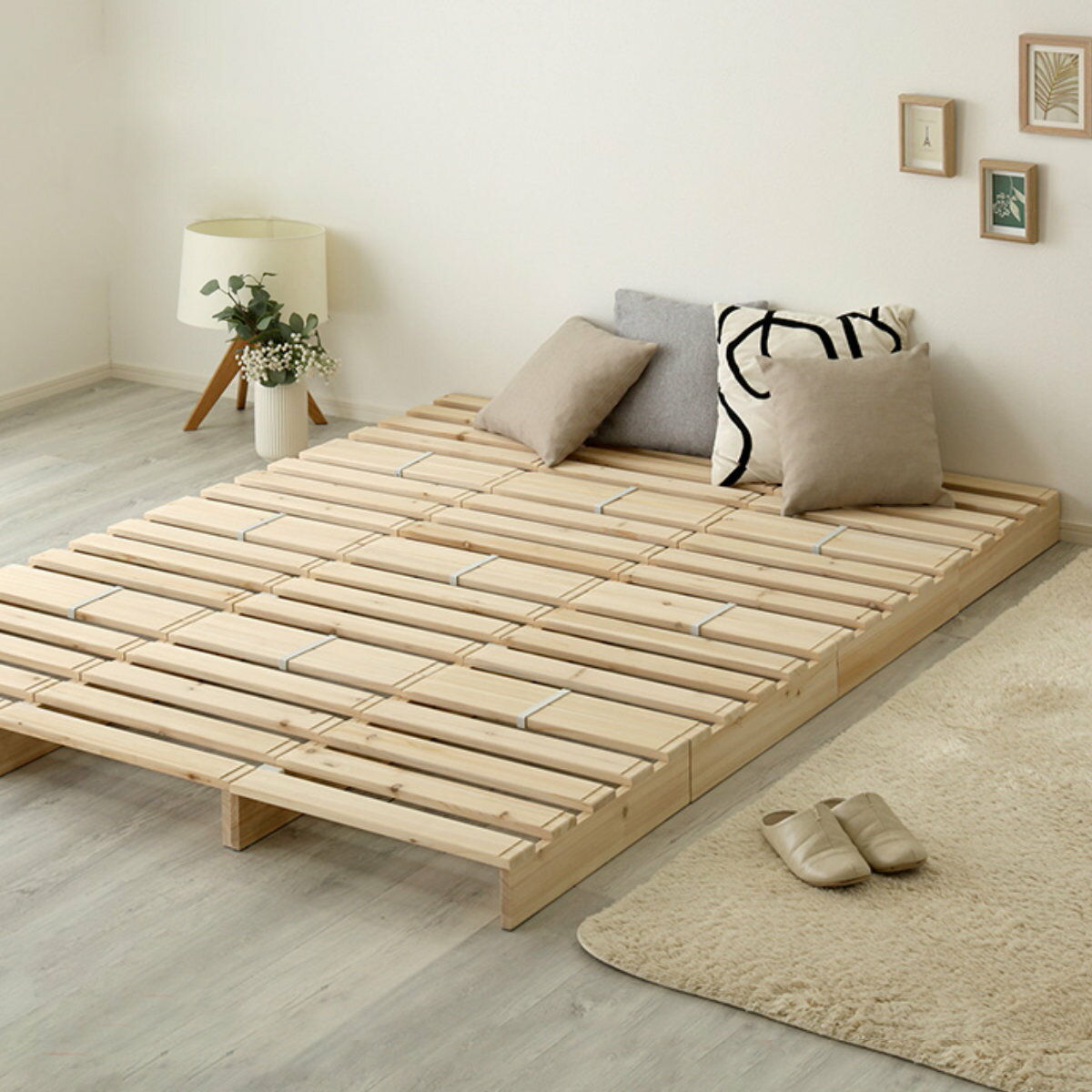 Foldable Bed - パレットベッド セミダブル ダブル 12枚入り 幅150cm すのこ 天然木 （ フロアベッド ロータイプ 連結 パレット ベッド ステージベッド アレンジ 耐荷重100kg 無塗装 木製 ナチュラル 軽量 ）【39ショップ】