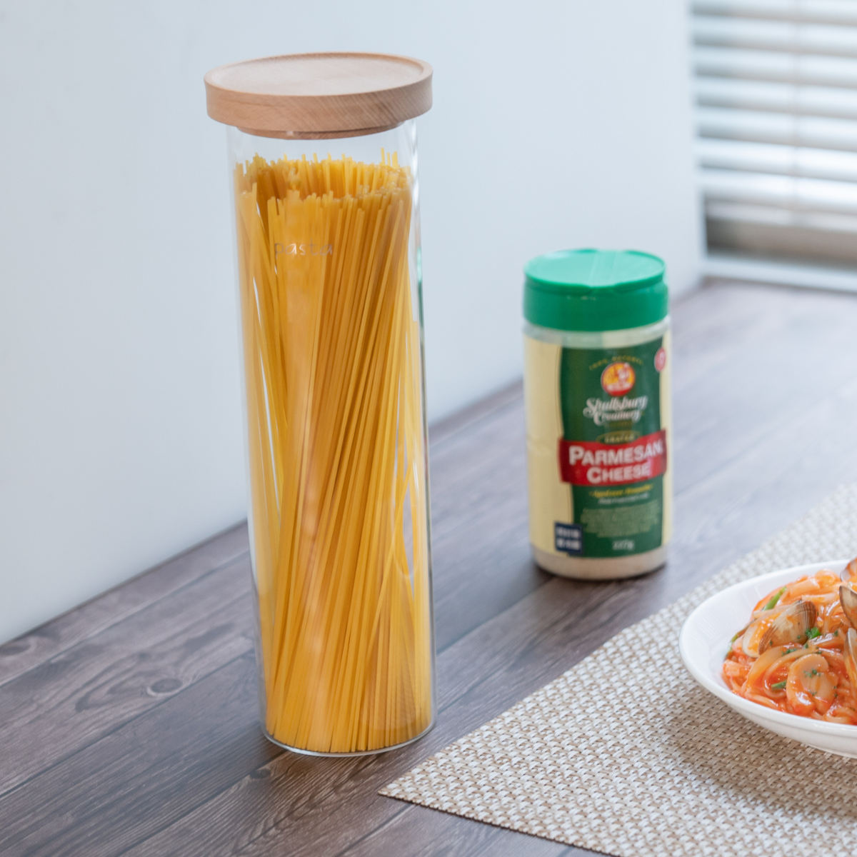 保存容器 マッシュルーム キャニスター パスタ （ ガラス 耐熱ガラス 電子レンジ対応 密閉 天然木 パスタケース パスタ保存 パスタ容器 密閉容器 パスタ入れ スパゲッティ ガラス保存容器 ガラス製 食品保存 容器 透明 クリア ）【39ショップ】