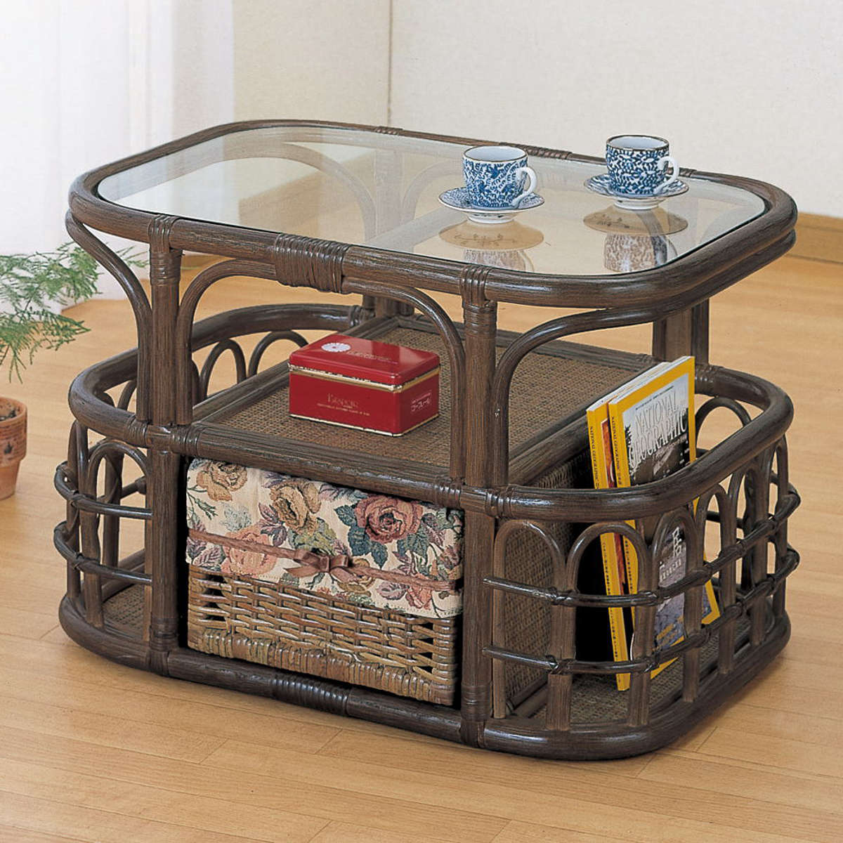 籐 収納付 ローテーブル ガラス天板 幅65cm ( 送料無料 センターテーブル アジアン 籐家具 ラタン製 テーブル カフェテーブル 籐製 収納 和モダン 軽...