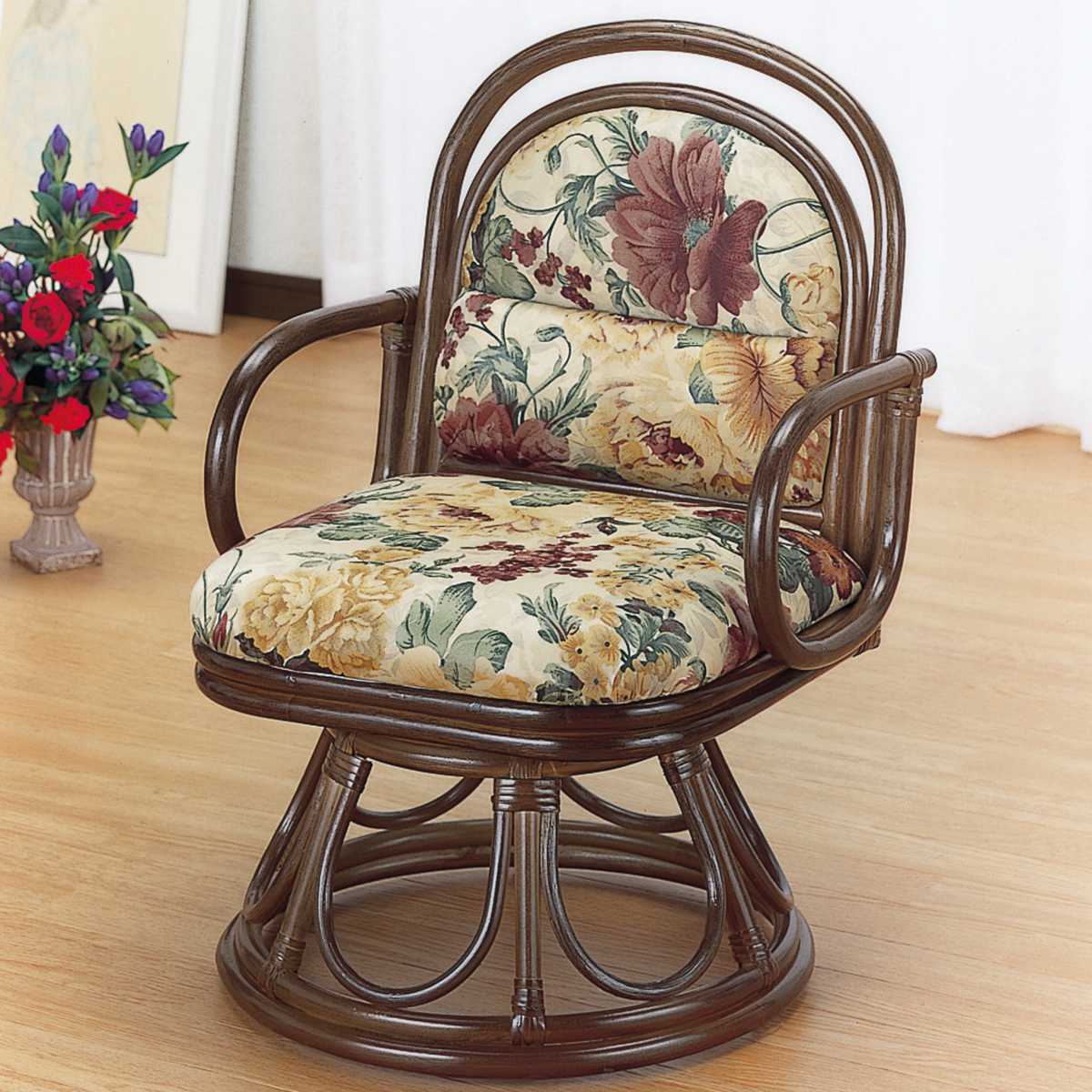 籐 回転座椅子 ラタンチェア 座面高35cm （ 送料無料 回転式 背もたれ付き 肘付き 肘掛 イス ...