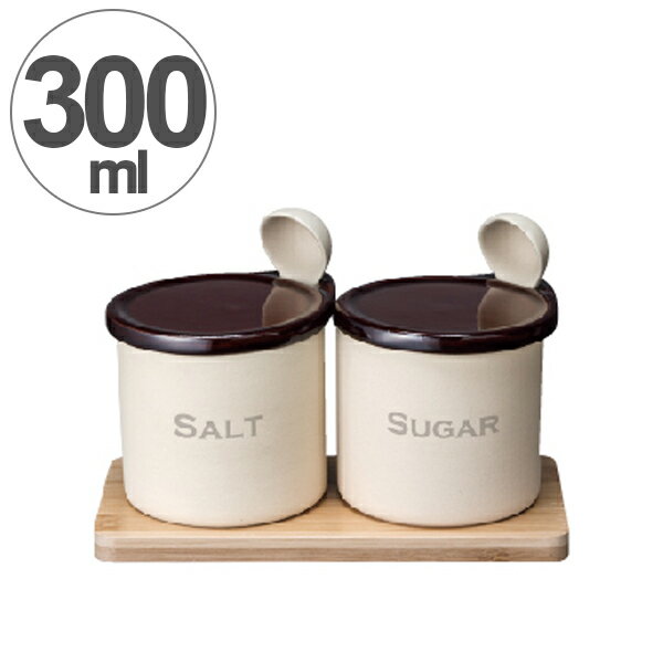 保存容器 ソルト＆シュガーポットセット 300ml 陶器製 スプーン付き 木台付き （ 調味料容器 ソルトポット シュガーポット 蓋付き キャニスター 調味料入れ 調味料ケース 調味料ポット 調湿効果 素焼きポット 陶器容器 ） 【39ショップ】のサムネイル
