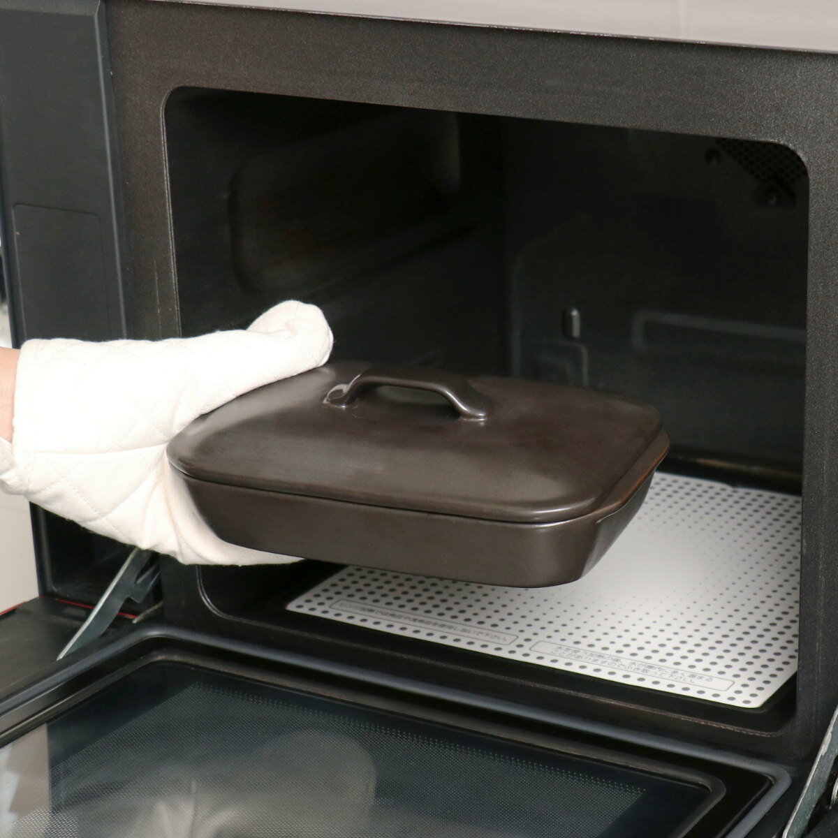 グリルプレート 19×11cm 長角 陶器 フタ付き 電子レンジ調理器具 （ グリルパン レンジパン
