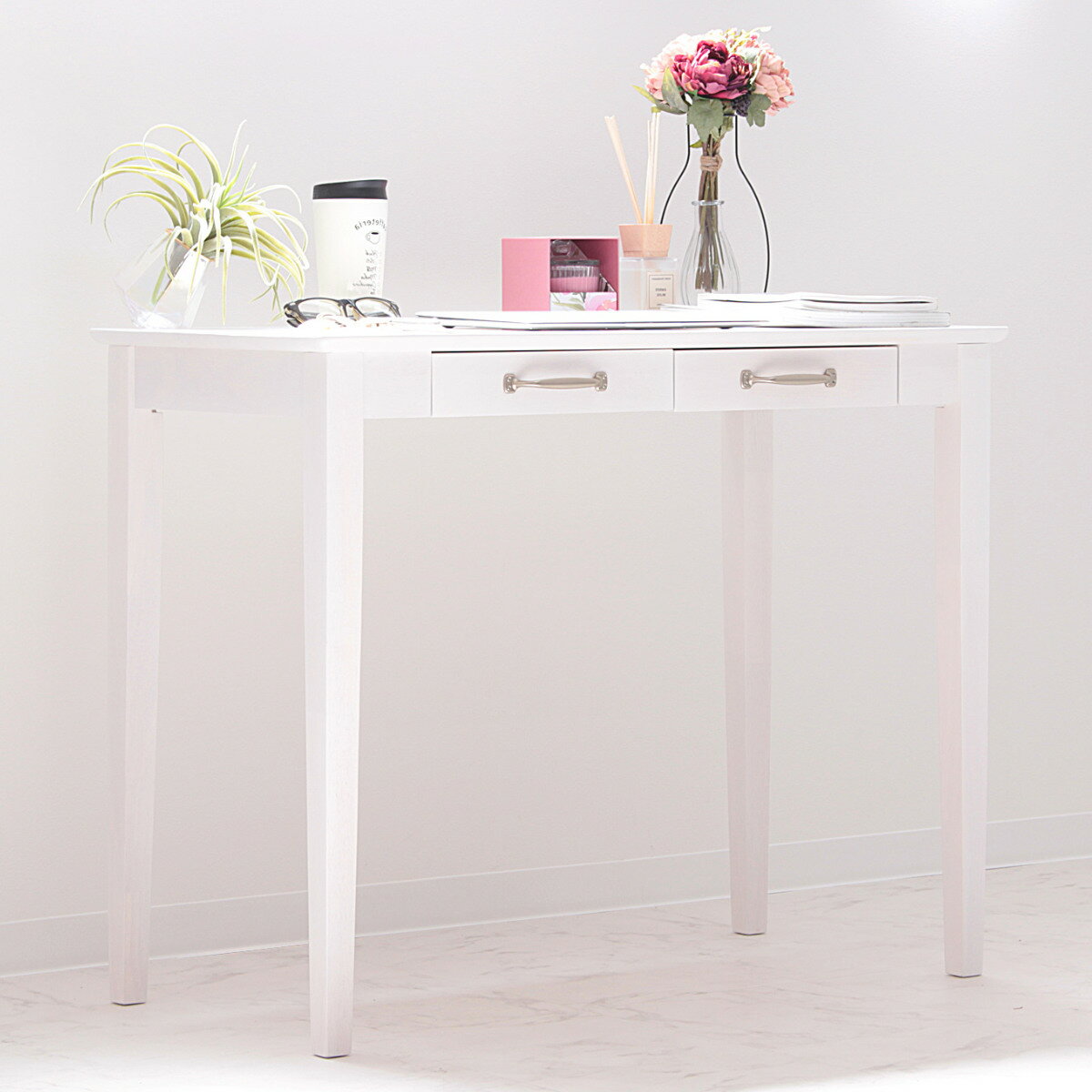 デスク Gallow 幅90cm 木製 ホワイト フレンチカントリー （ 送料無料 シンプルデスク ドレッサー 鏡なし パソコンデスク 机 引き出し 収納付き ナチュラル シンプル おしゃれ スリム 木目調 白家具 北欧風 白 奥行45 ） 【39ショップ】