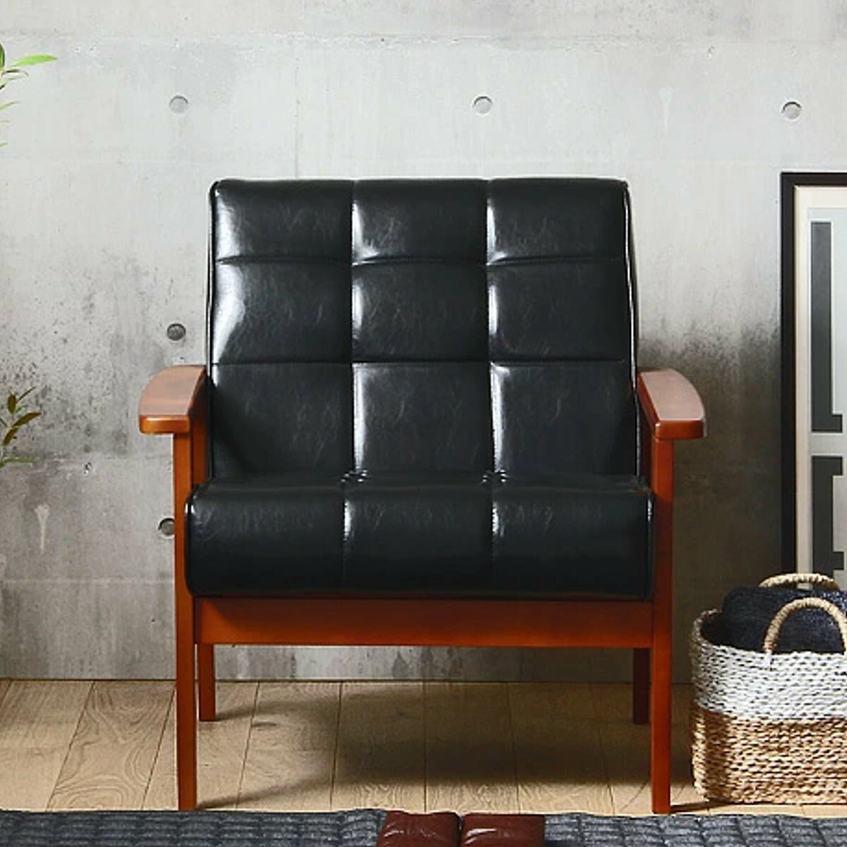 ソファ 椅子 レトロモダン調 木製フレーム 一人掛け用 合皮製 （ 1人掛け チェア ノスタルジック ミッドセンチュリー ビンテージ家具 レザー調 ソファー ）【39ショップ】のサムネイル