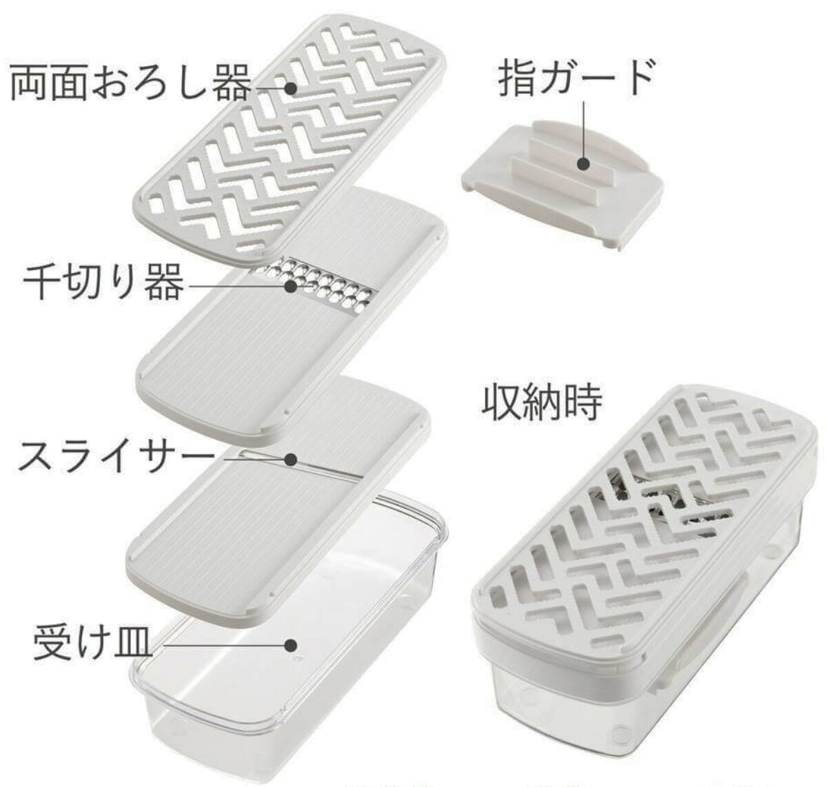おろし器&スライサー4点セット コンパクト調理器セット 日本製 貝印 （ スライサー おろし器 スライサーセット コンパクト ケース付き 千切りスライサー 野菜スライサー 指ガード セット 時短 便利 多機能 安全 下ごしらえ 調理器具 ）【39ショップ】 interior-palette-10168998 インテリアパレット サンプル画像2