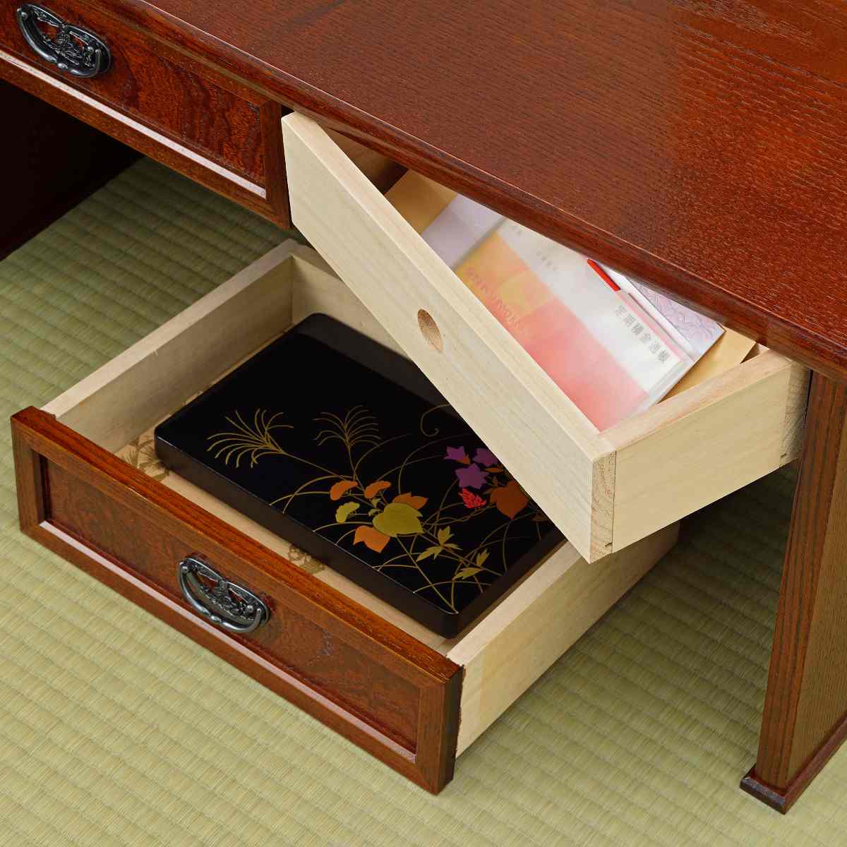 文机 引出し付 けやき調 秋草 幅75cm （ 机 つくえ 畳机 書斎机 日本製 座卓 低い 完成品 忍び箱 収納 和室 和風 レトロ 小物収納 ）【39ショップ】