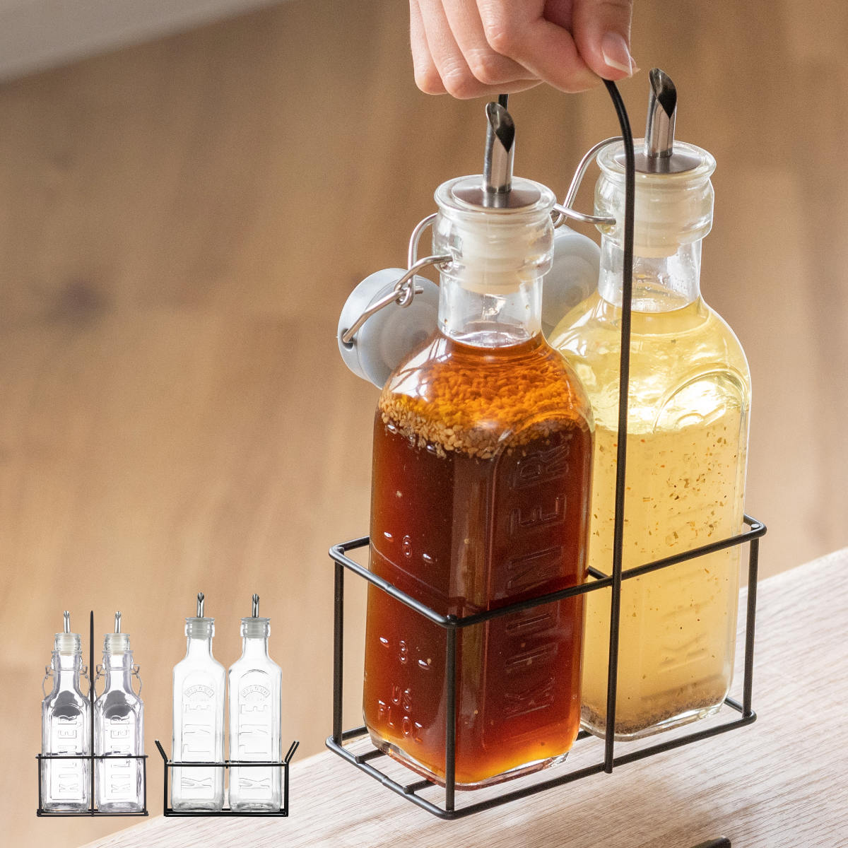 Ĵ̣������ KILNER Oil Bottles & Metal Rack 0.3L 0.6L 2�ܥ��å� �� ����ʡ� Ĵ̣���ܥȥ� ������ܥȥ� �ӥͥ�����...