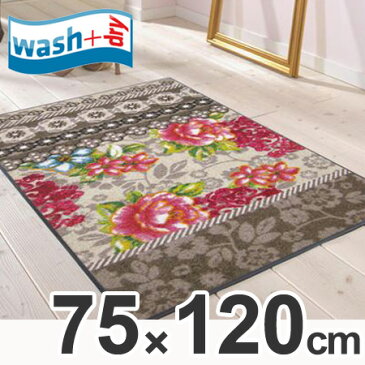 玄関マット　ラグマット　wash＋dry　ウォッシュアンドドライ Romance beige　屋内屋外兼用　75×120cm （ 送料無料 エントランスマット センターラグ 洗える ウォッシャブル　すべり止め　滑り止め　室内　屋外　兼用　レース　バラ ） 【39ショップ】