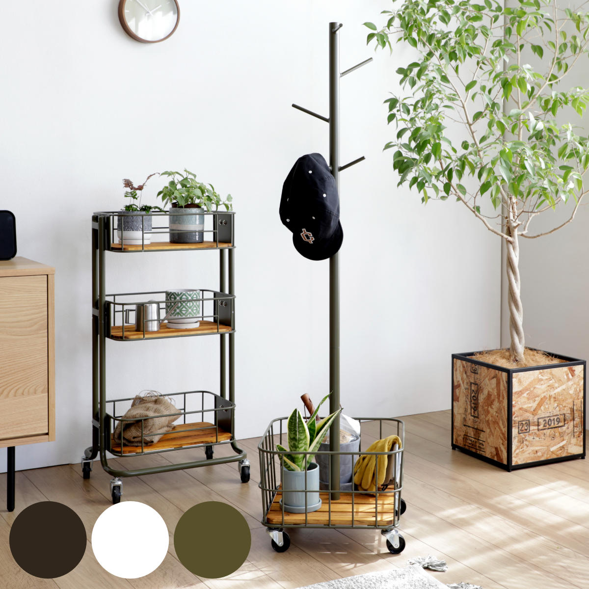 ポールハンガー カゴ キャスター付 スチールフレーム 幅38cm （ 洋服掛け ハンガー掛け バッグ置き 小物置き 収納 バスケット ハンガーラック コートハンガー コート掛け 玄関 ブラック ホワイト カーキ ）【39ショップ】