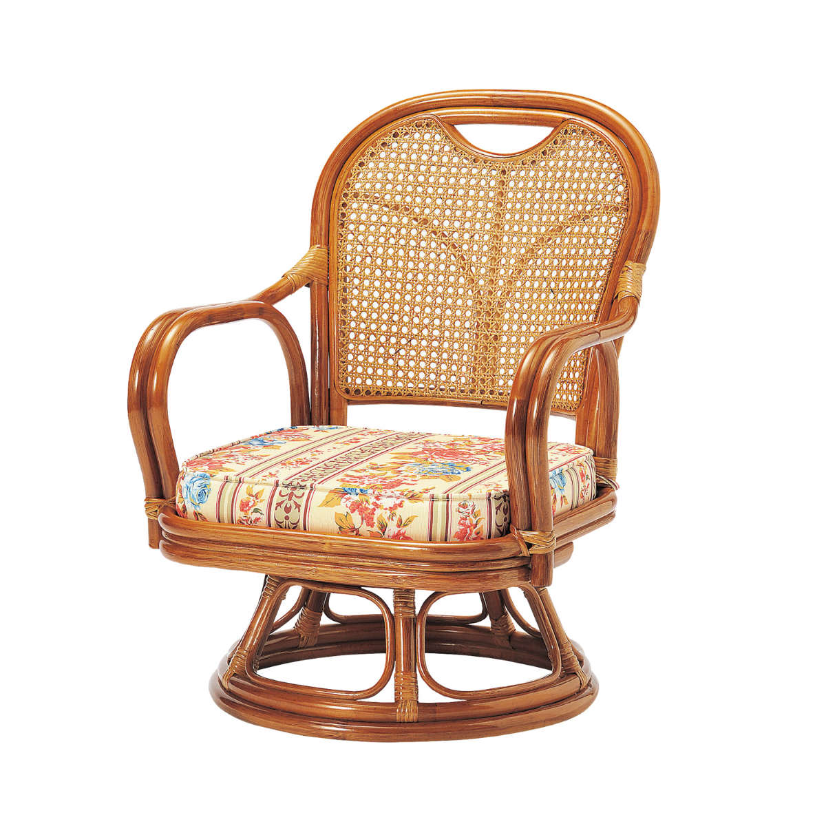 ラタン 回転チェア 座面高29cm ロータイプ クッション付き ラタンチェア 高座椅子 （ 回転椅子 回転座椅子 座椅子 籐 軽量 完成品 かごめ編み 背もたれ 回転式 回る 360度 肘掛け付き アーム付き クッション 花柄 通気性 持ち運び ）【39ショップ】