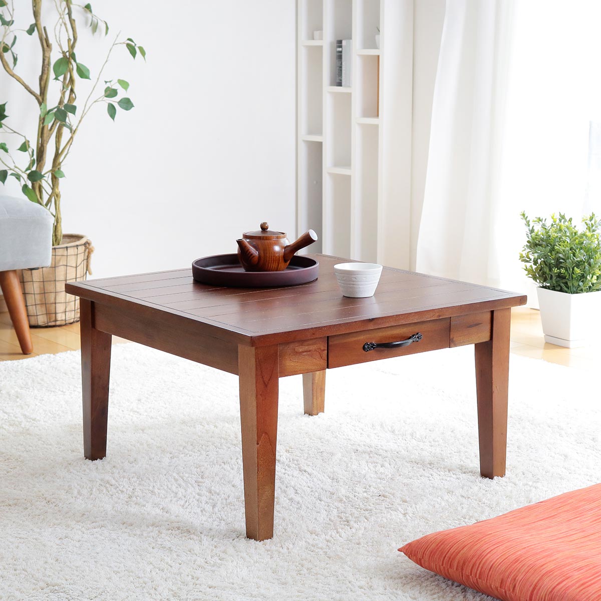センターテーブル マホガニー天然木 引出し付 幅60cm （ 送料無料 ローテーブル リビングテーブ ...