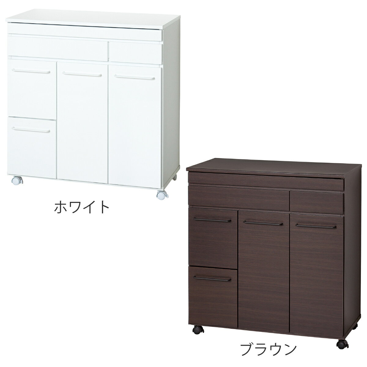 キッチンカウンター 幅82cm ゴミ箱2個付き スライド棚 背面化粧 完成品 ( ゴミ箱収納 キッチン カウンター 間仕切り 収納 目隠し 分別 ゴミ箱付 棚 ラック ホワイト ブラウン 引き出し )【39ショップ】 [2]