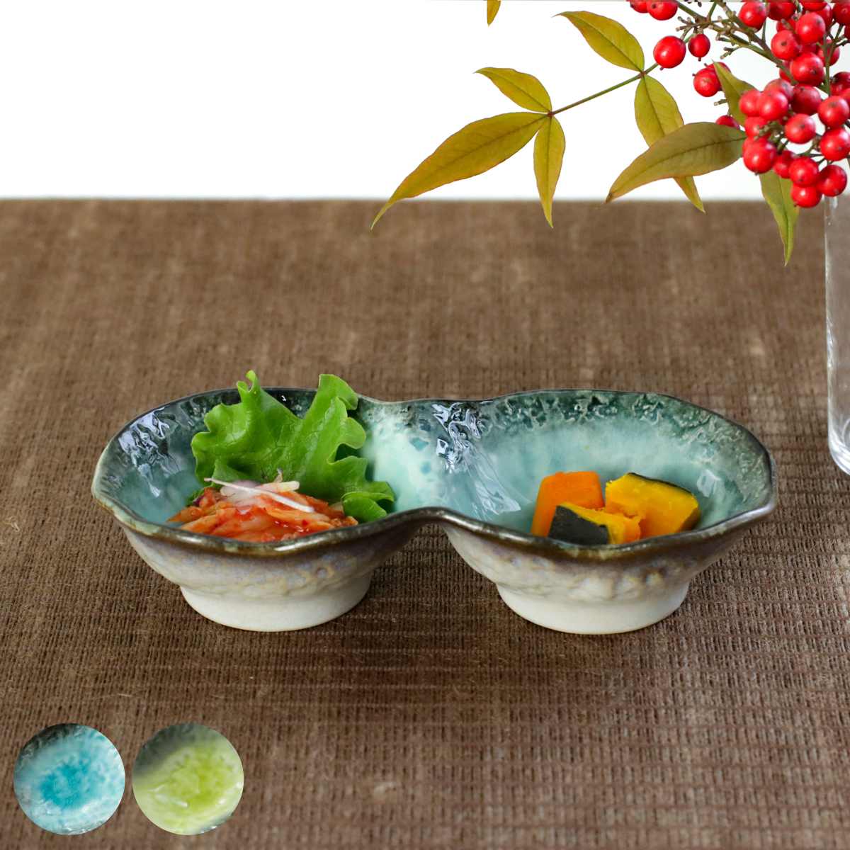 小鉢 2つ仕切り 19cm ボウル KANADE 陶器 同色5個セット （ 電子レンジ対応 鉢 2連 和食器 和風 個性的 醤油皿 薬味皿 ソース 醤油 マヨネーズ お漬物 副菜 お浸し おしゃれ ）【39ショップ】