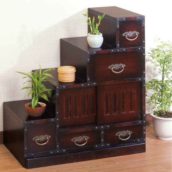 チェスト 民芸調 階段風 左下がり 古美調引手 引き戸付 幅67cm （ 送料無料 箪笥 和風民芸調 和風 たん..