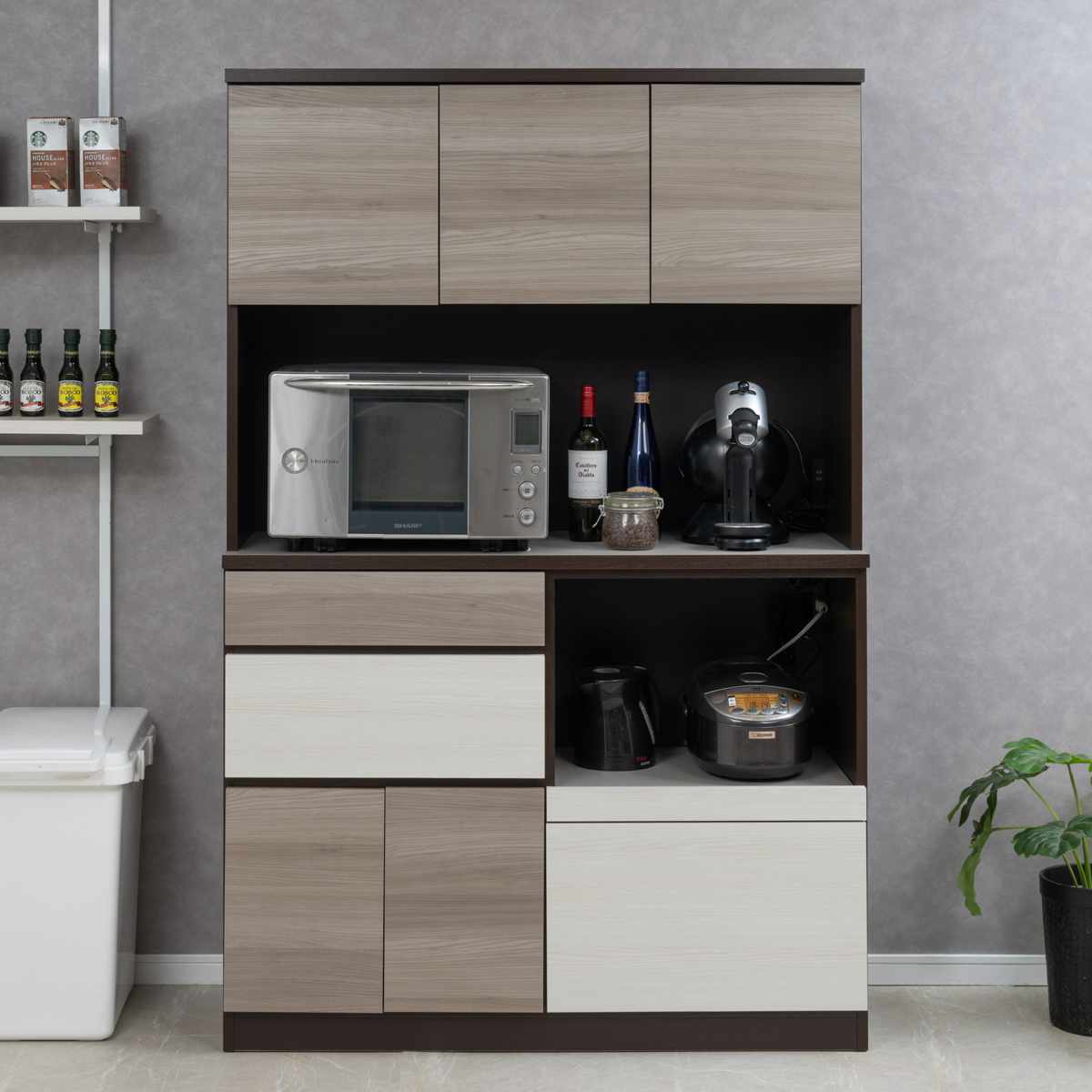 キッチンボード 幅120cm スリートーン フルスライドレール 日本製 （ 食器棚 ブラック 木目調 可動棚 ..